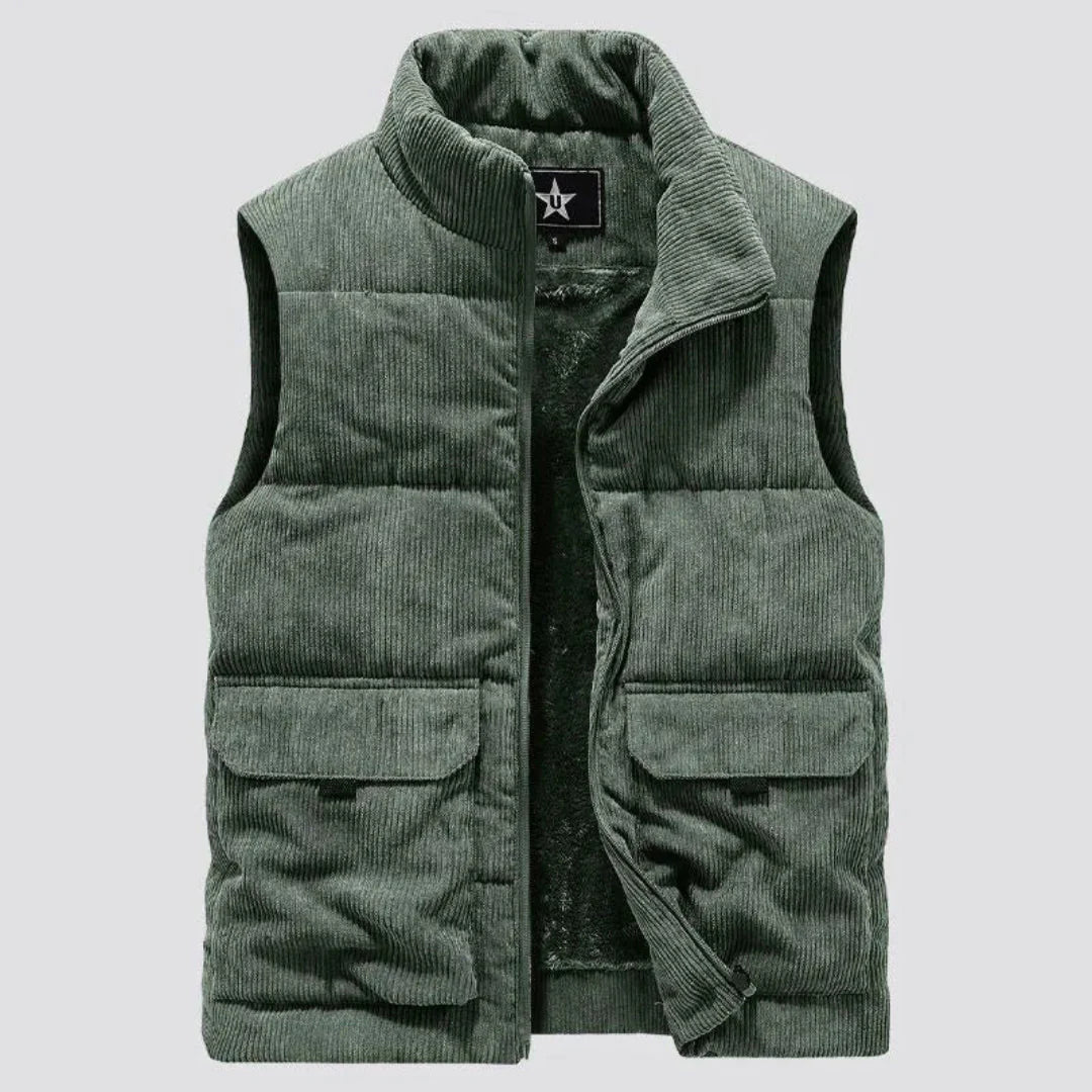 Men's sherpa-lined corduroy vest warm full-zip outdoor layer with plush fleece interior