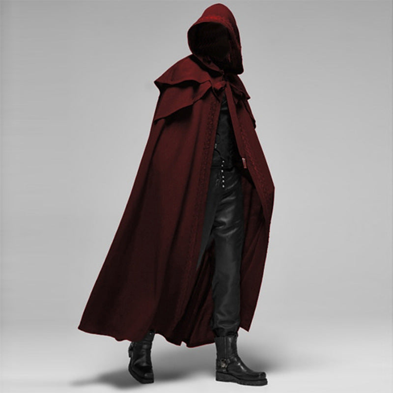 Men's black gothic hooded cape cotton-polyester blend dramatic mystic silhouette