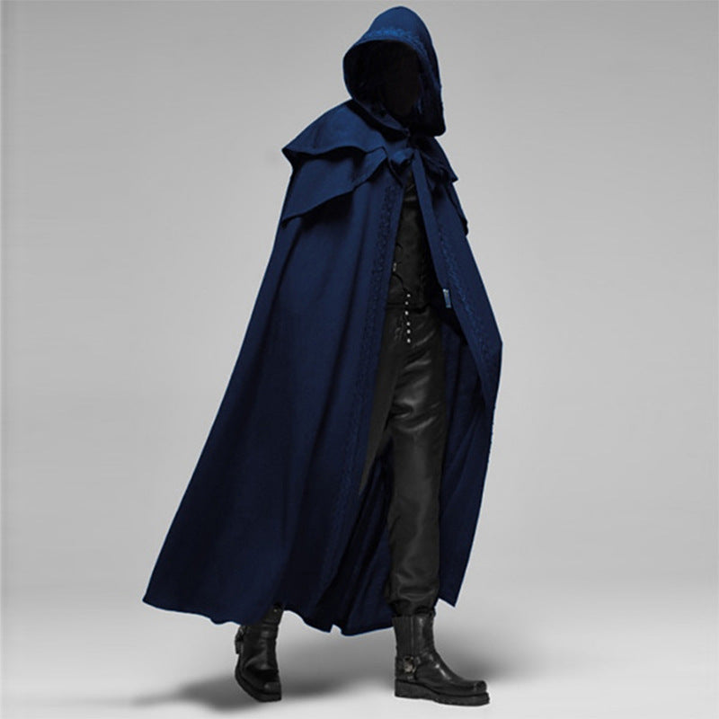 Men's black gothic hooded cape cotton-polyester blend with dramatic mystic silhouette