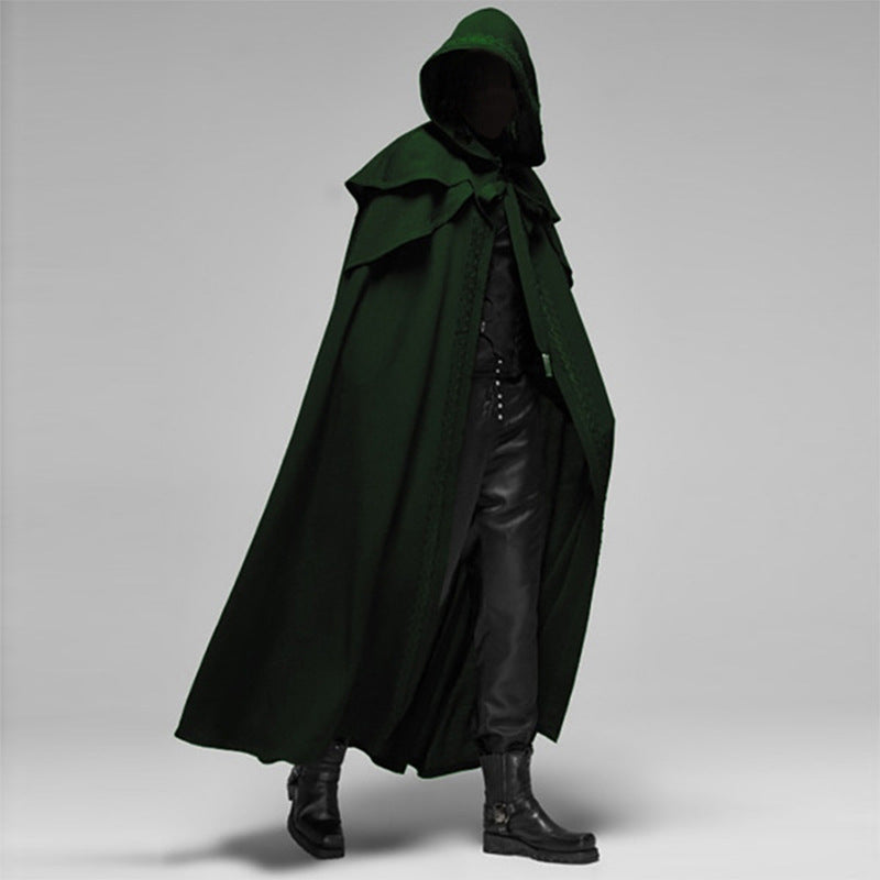 Men's black gothic hooded cape cotton-polyester blend with dramatic mystic silhouette