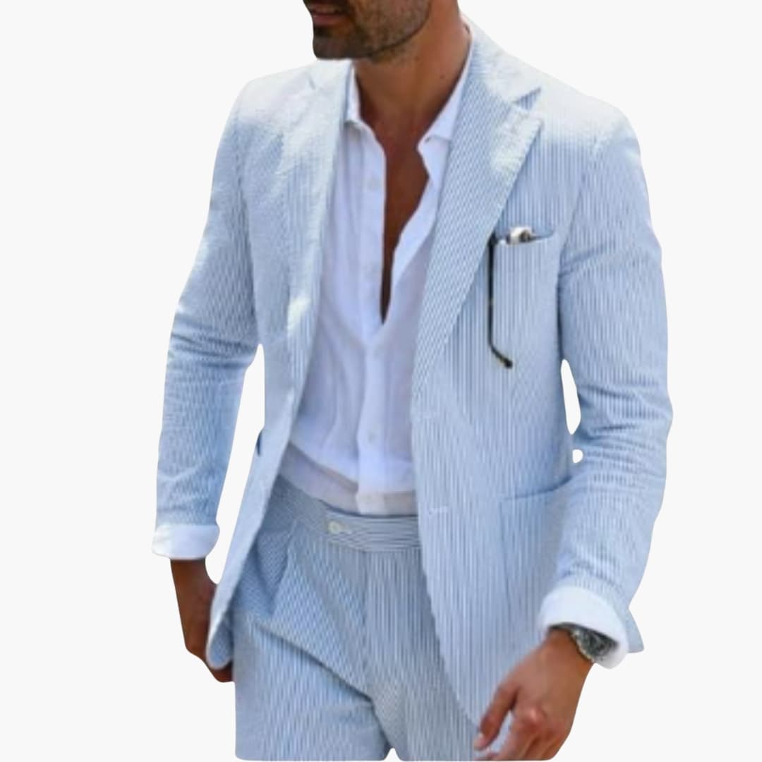 Men's slim striped two-piece suit notched collar jacket two-button closure straight pants summer formal