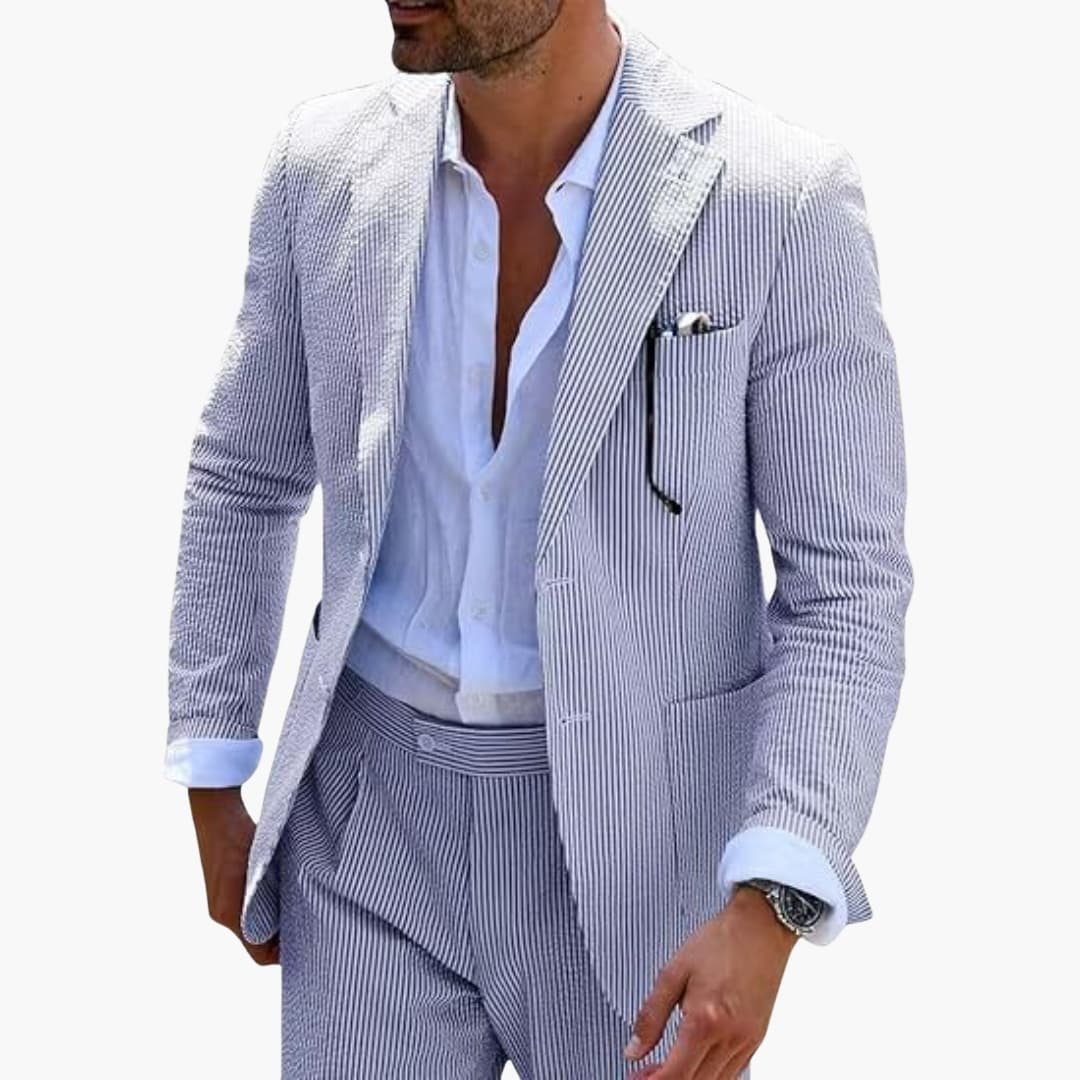 Men's slim striped two-piece suit notched collar jacket two-button closure straight pants summer formal
