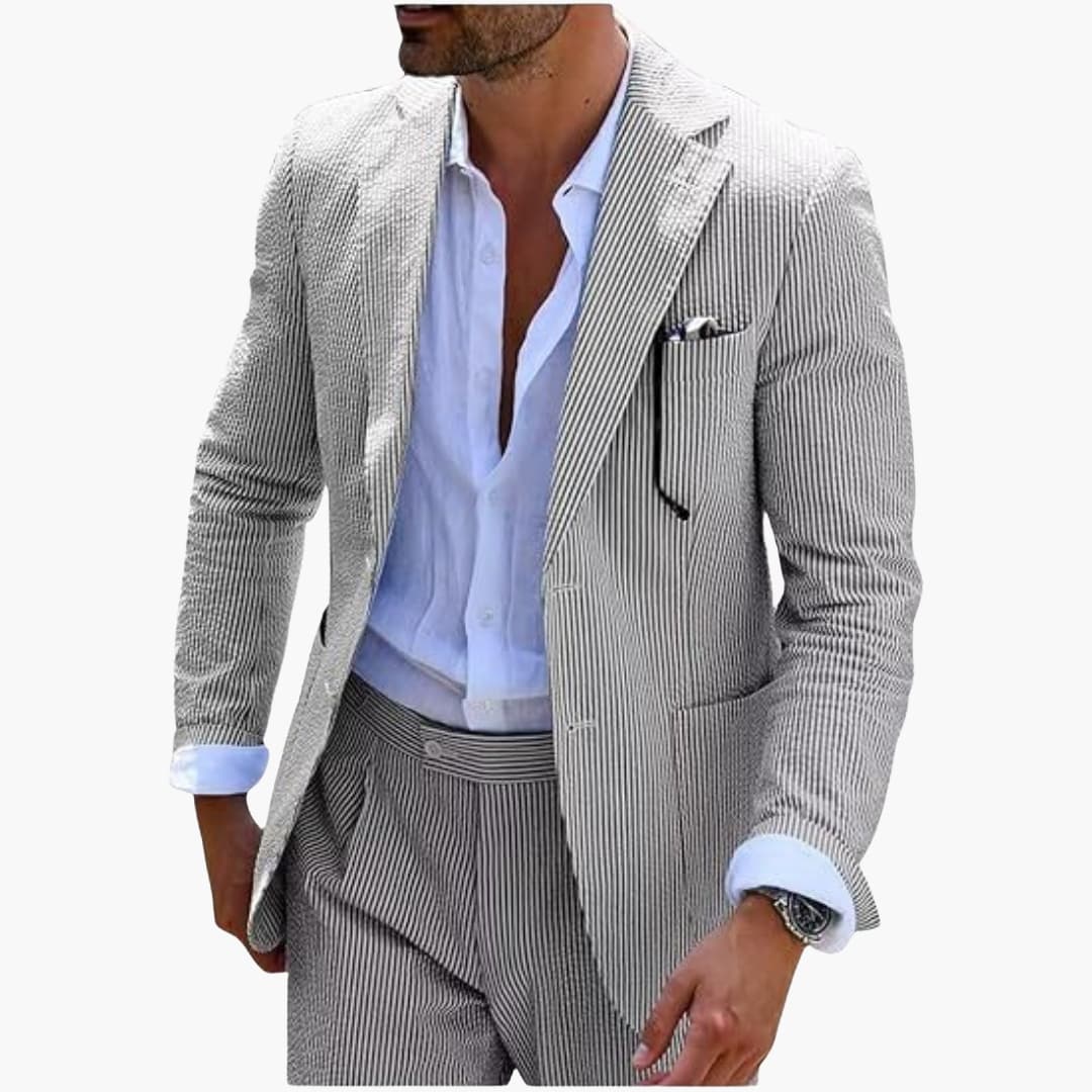 Men's slim two-piece striped summer suit notched collar jacket two-button closure straight pants