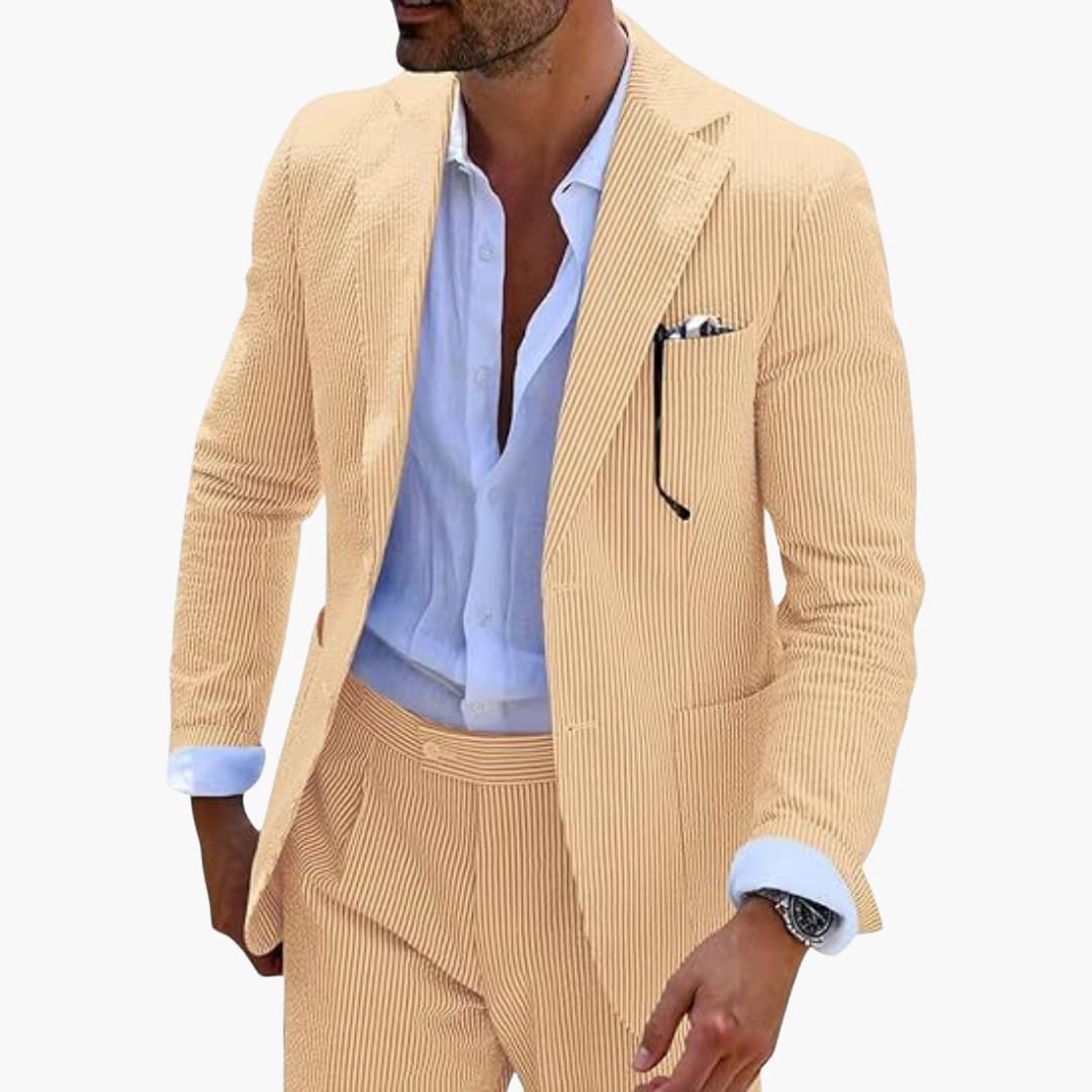 Men's slim striped two-piece suit notched collar jacket two-button closure straight pants summer formal