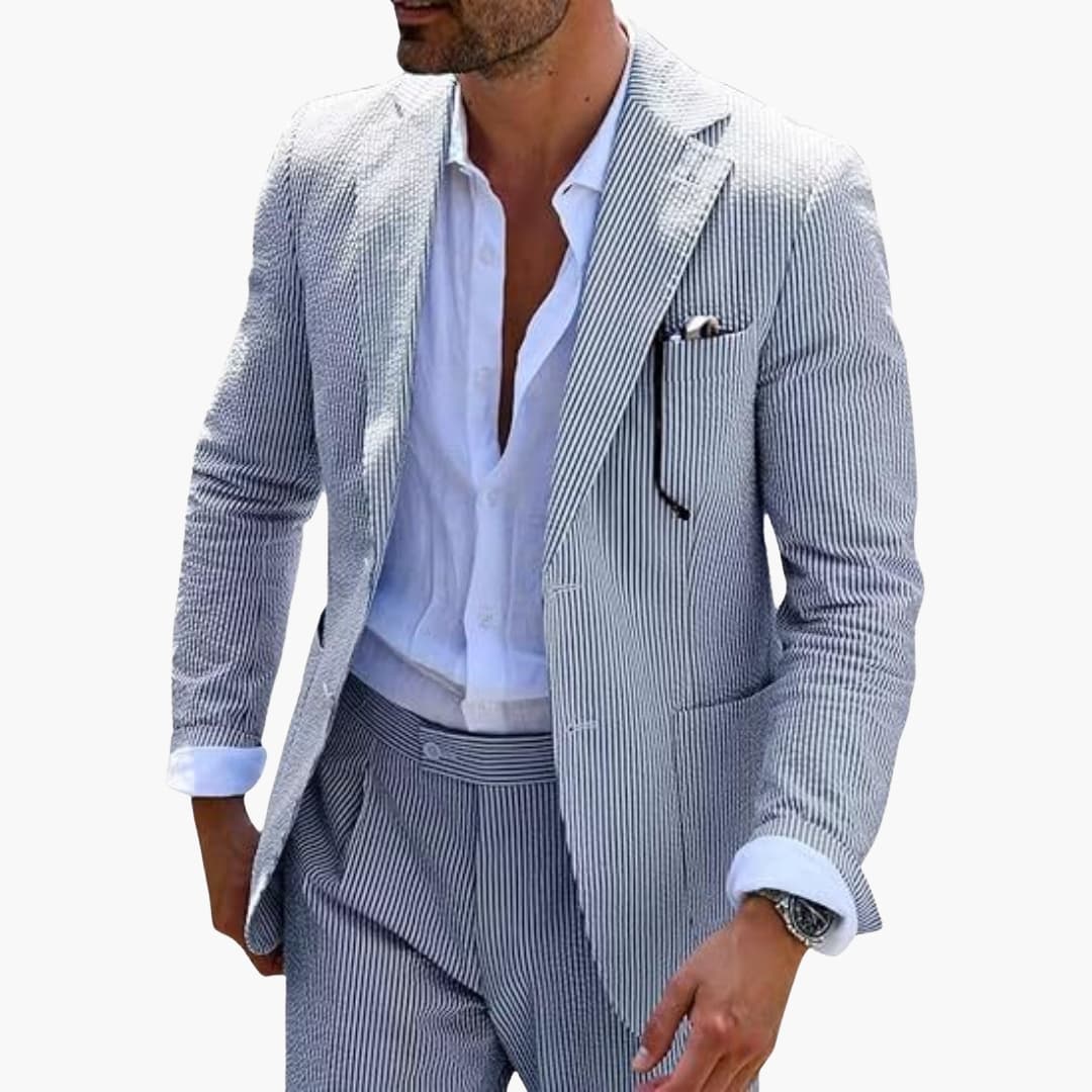 Men's slim striped two-piece suit notched collar jacket two-button closure straight pants summer formal