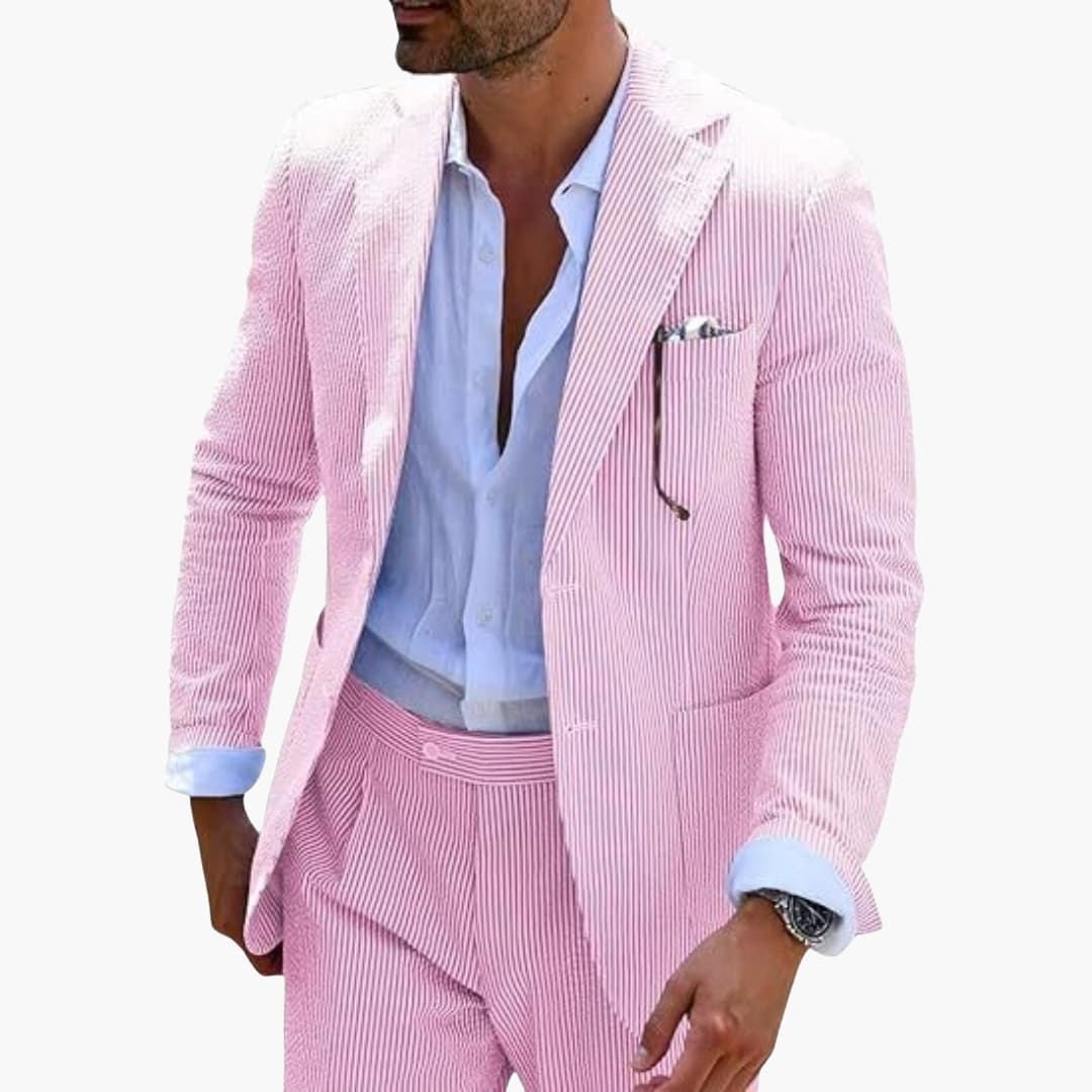 Men's slim striped two-piece suit notched collar jacket two-button closure straight pants summer formal