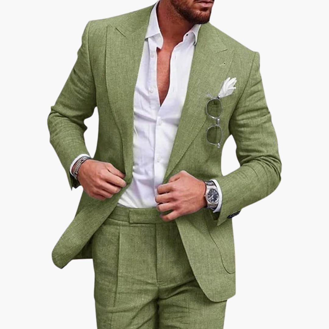 Men's navy notched lapel two-piece business suit with tailored jacket and flat front trousers