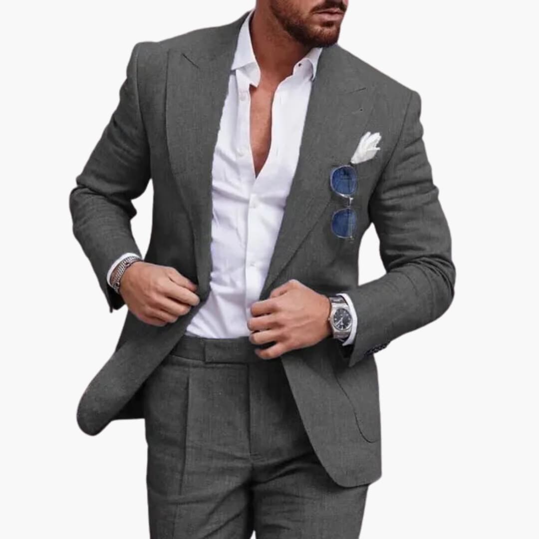 Men's navy notched lapel two-piece suit tailored jacket flat front trousers business formal