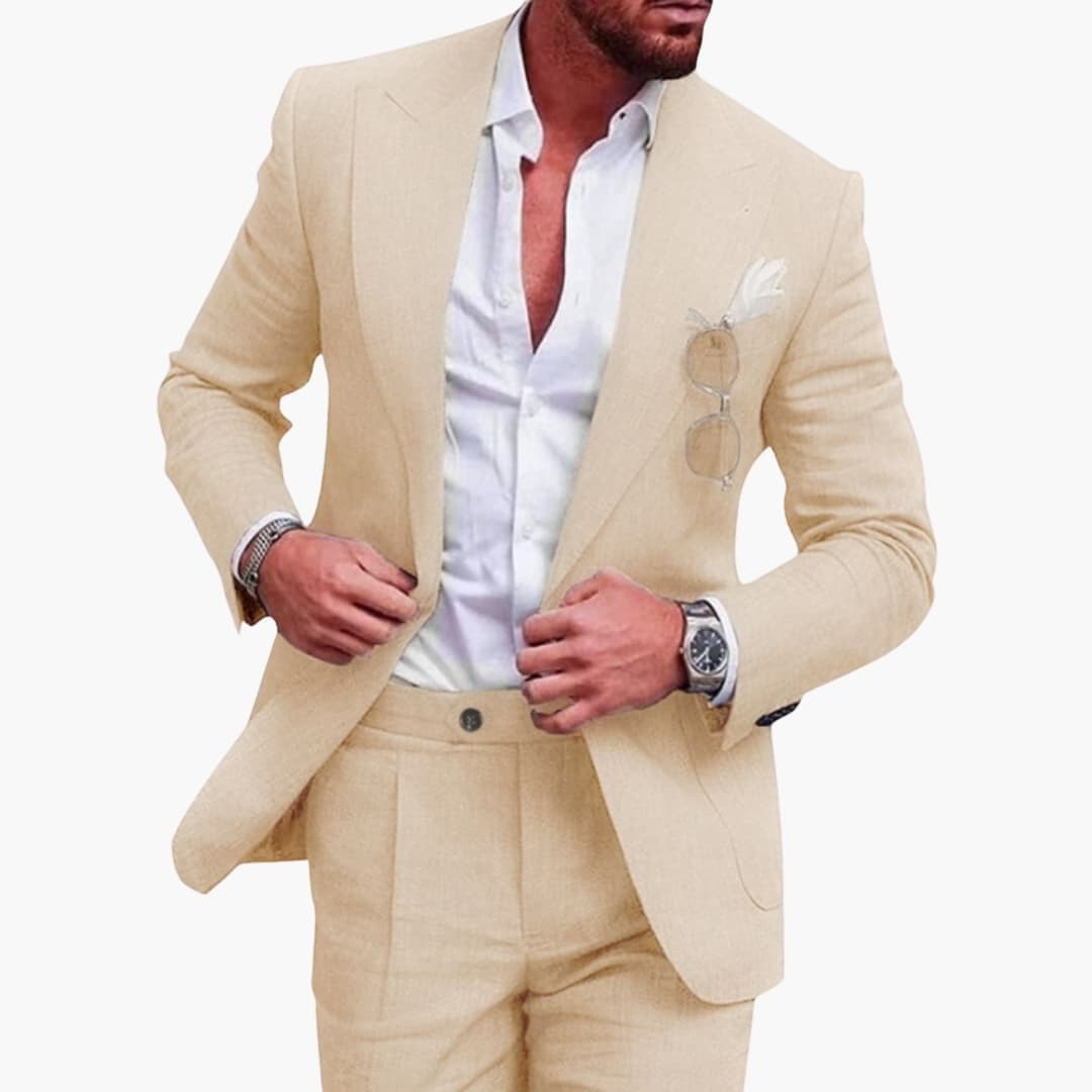 Men's navy blue notched lapel two-piece suit tailored jacket with flat front trousers business fit