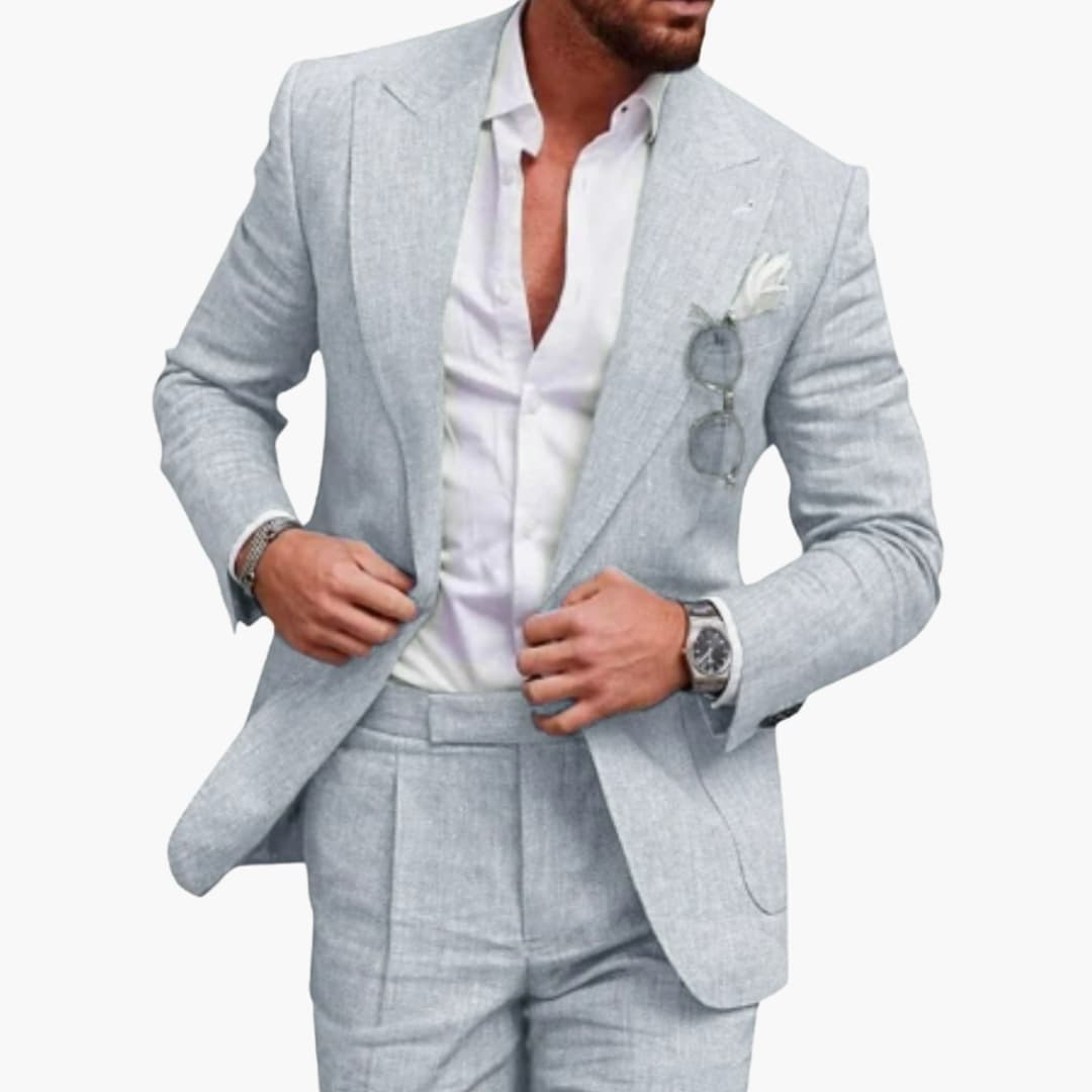 Men's navy blue notched lapel two-piece business suit with tailored jacket and flat front trousers