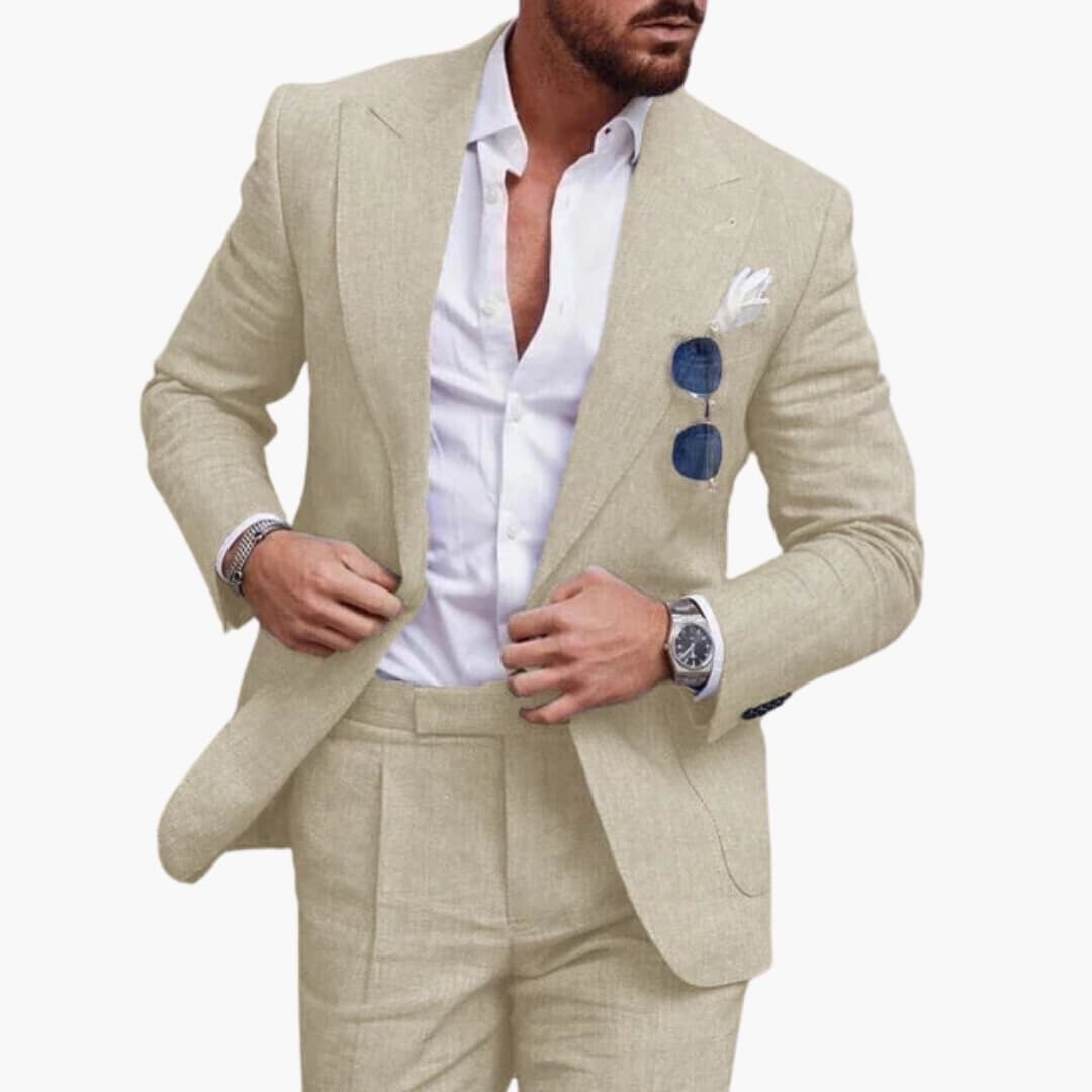 Men's navy blue notched lapel two-piece business suit with tailored jacket and flat front trousers