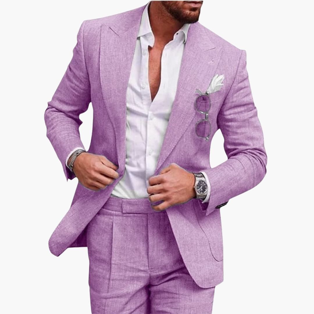 Men's charcoal notched lapel two-piece suit tailored slim-fit jacket flat front trousers business