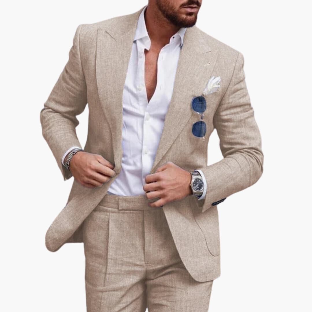 Men's charcoal notched lapel two-piece suit slim tailored jacket flat front trousers business formal