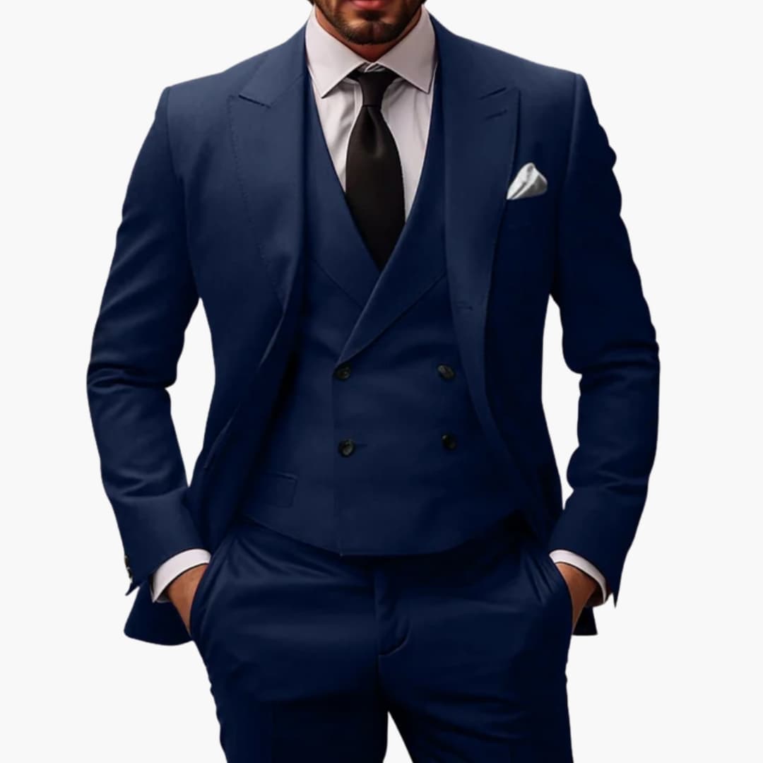 Men's navy blue 3-piece suit jacket vest pants structured fit formal professional events