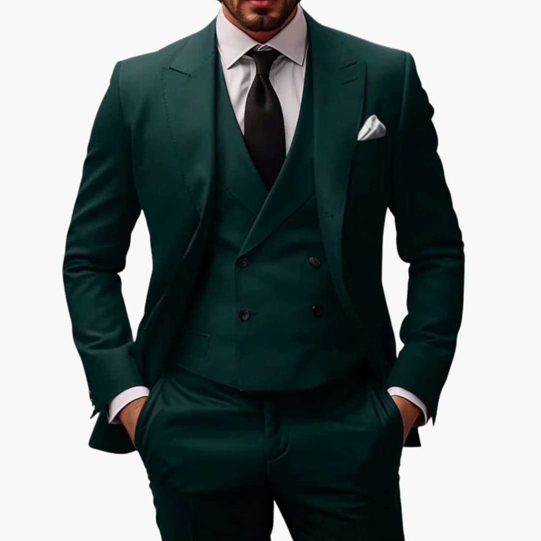 Men's navy blue 3-piece suit jacket vest pants structured fit formal professional events
