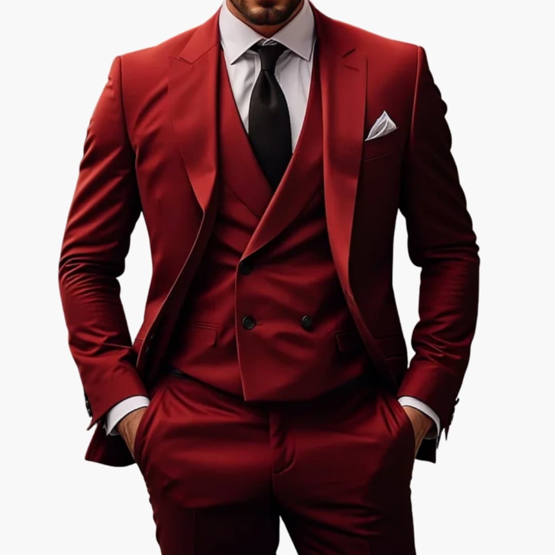 Men's navy blue 3-piece suit jacket vest pants structured fit formal professional ensemble