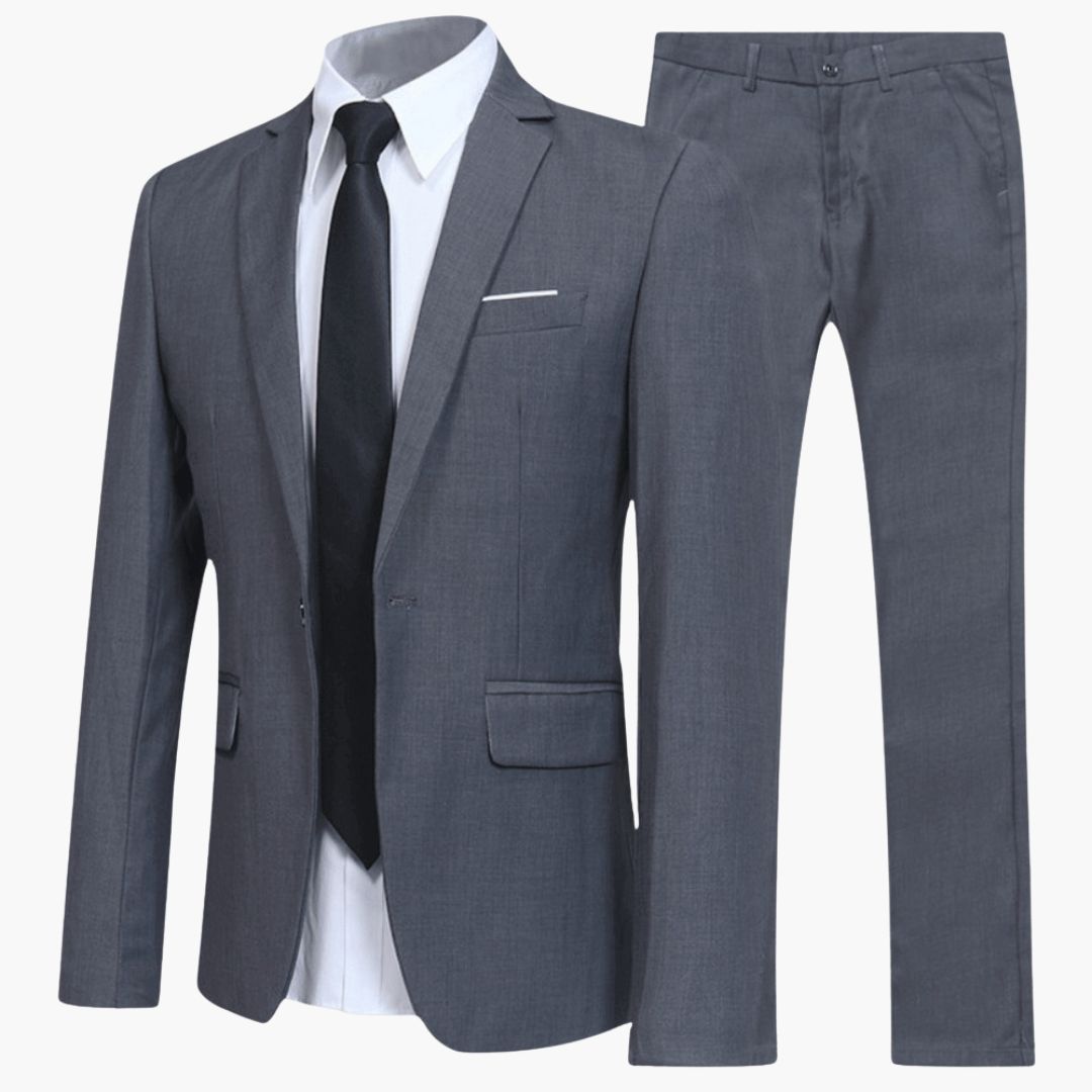 Men's navy two-piece notched lapel suit modern fit structured jacket straight-leg trousers office wear
