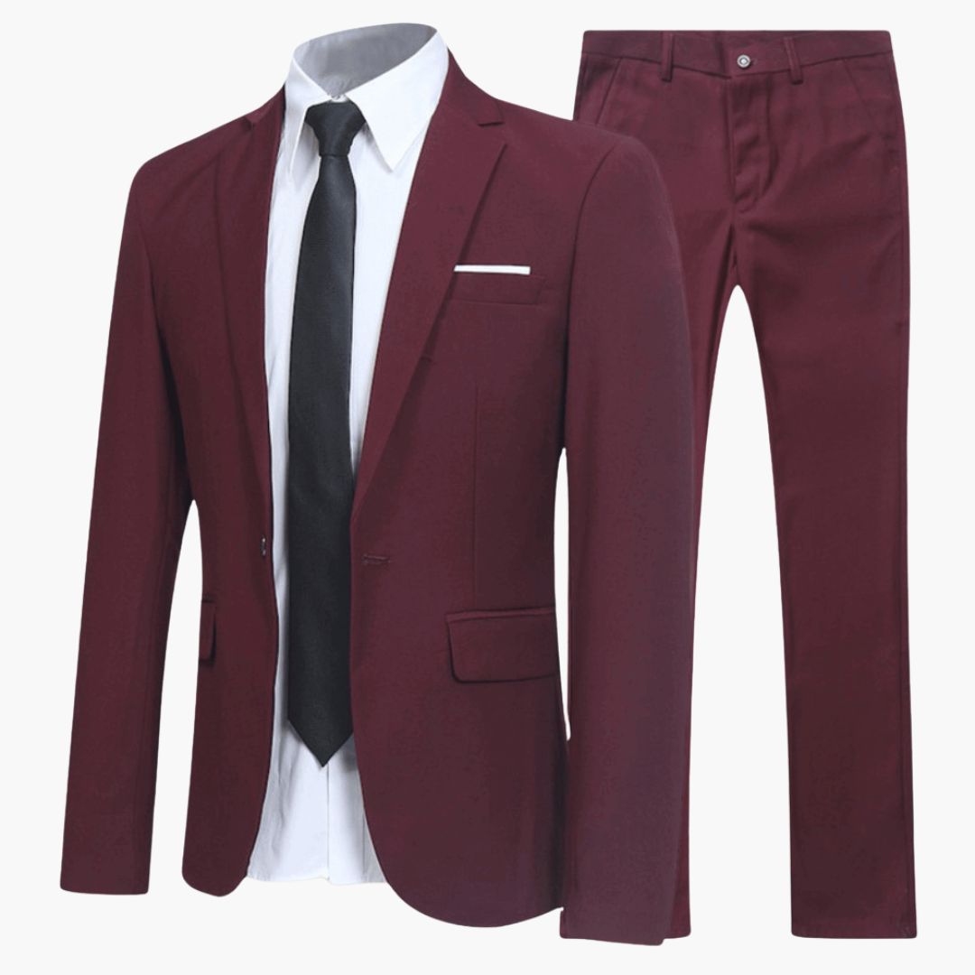 Men's navy two-piece notched lapel suit classic modern fit structured jacket straight-leg trousers office wear