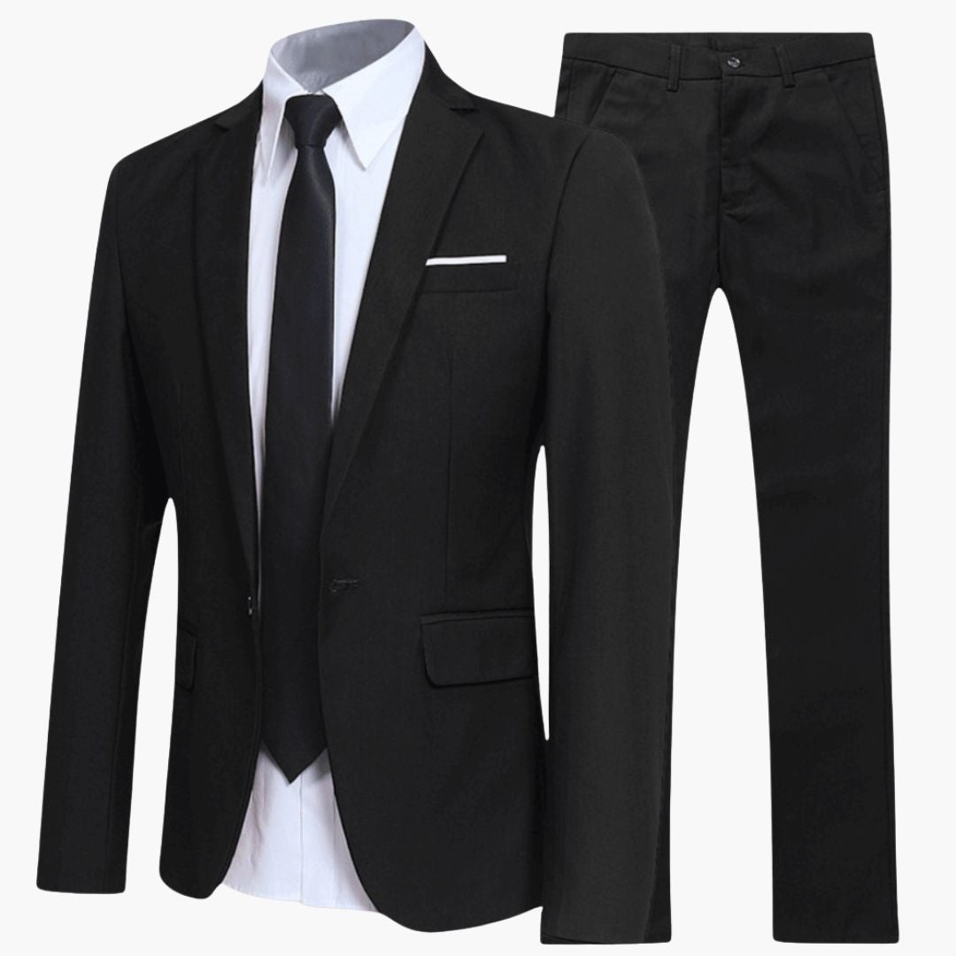 Men's navy blue two-piece notched lapel suit modern fit structured jacket straight-leg trousers office wear
