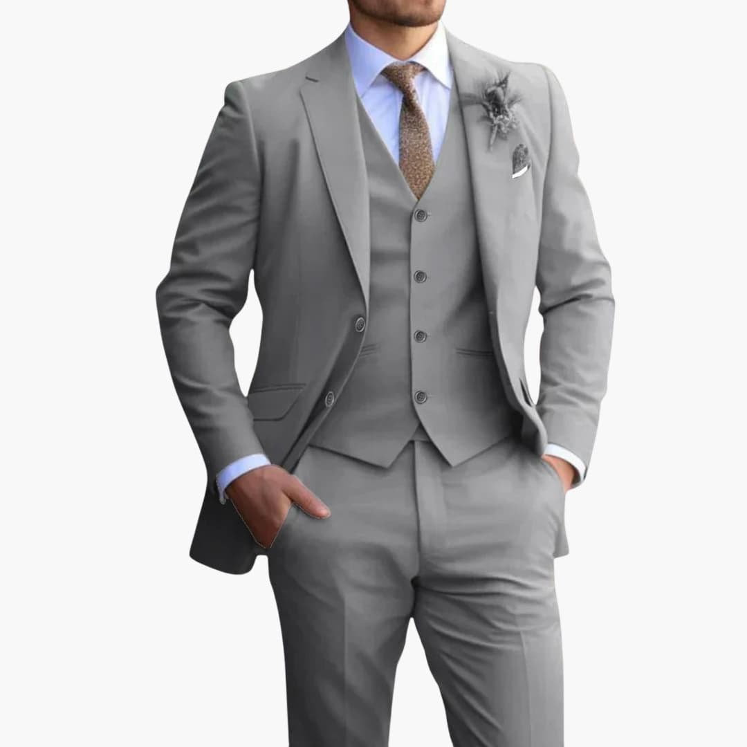 Men's premium three-piece suit set with notched lapel jacket, vest, and pants in formal tailored fit