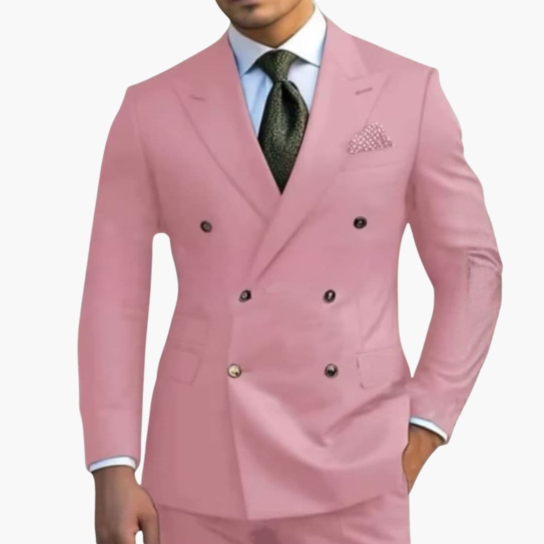 Men's formal navy suit notched lapel six-button structured jacket flap pockets elegant occasion