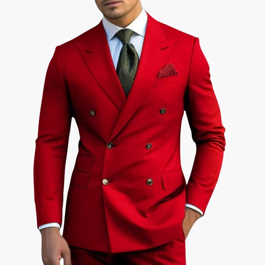 Men's navy formal suit notched lapel six-button structured jacket straight-leg trousers elegant occasions