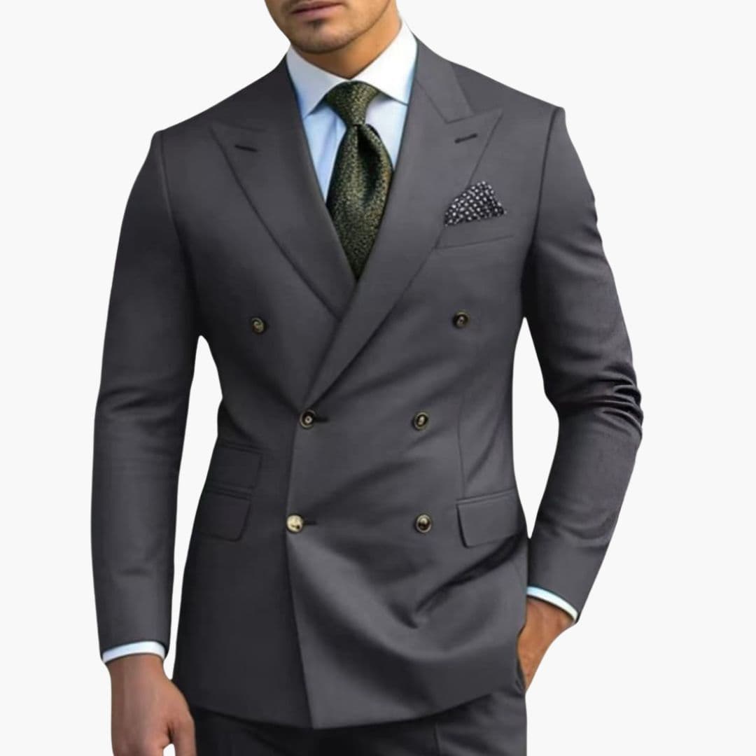 Men's dark formal suit notched lapel six-button structured jacket straight-leg trousers elegant occasions