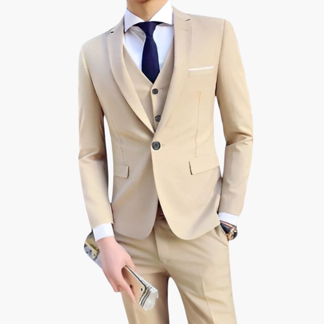 Men's charcoal three-piece suit set with structured jacket, vest, and matching pants for formal wear