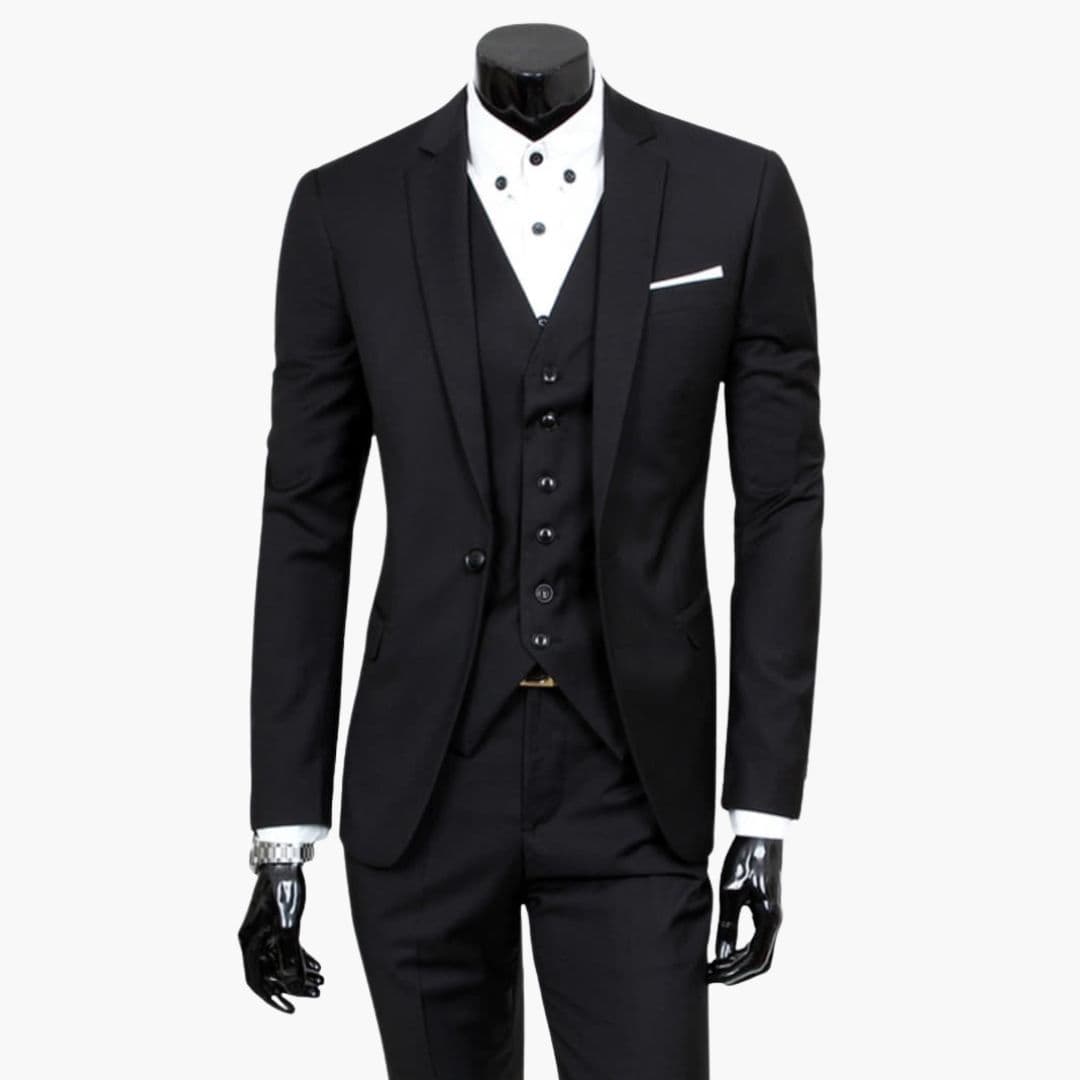 Men's charcoal three-piece suit set with structured jacket, matching vest and tailored pants