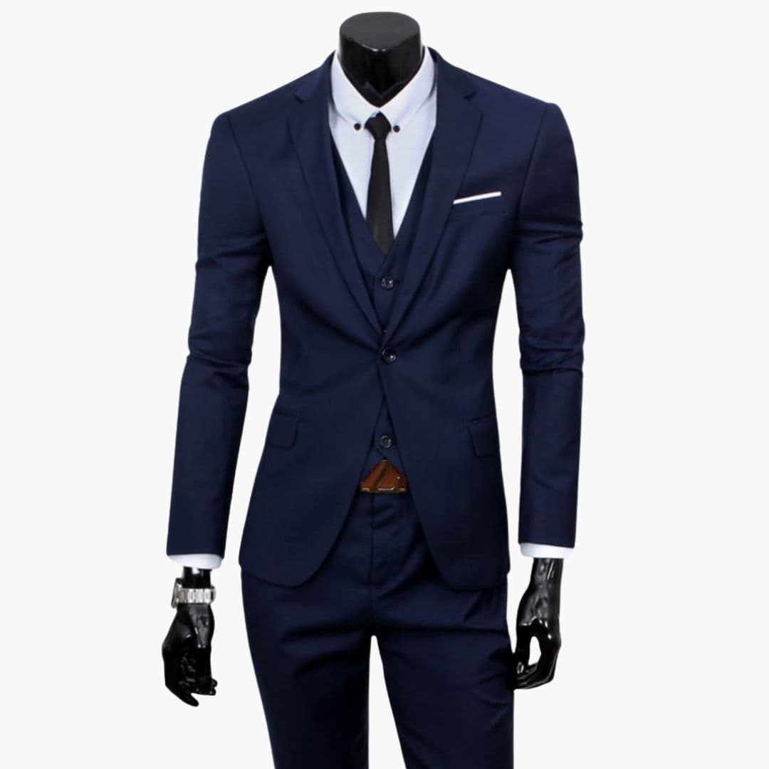 Men's charcoal three-piece suit set with structured jacket, vest, and matching pants for formal wear