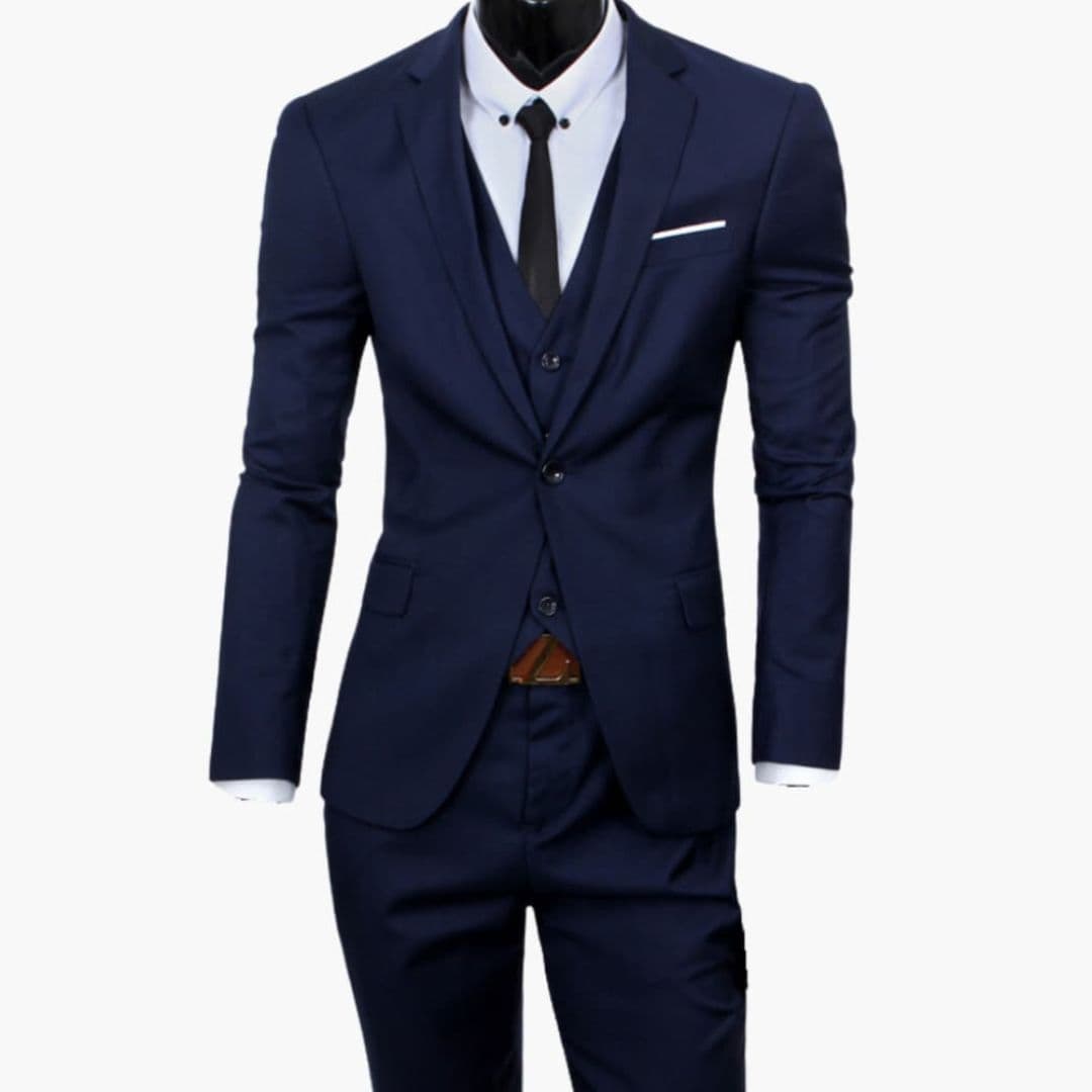 Men's slim fit three-piece suit notch lapel jacket buttoned vest straight pants formal navy blue