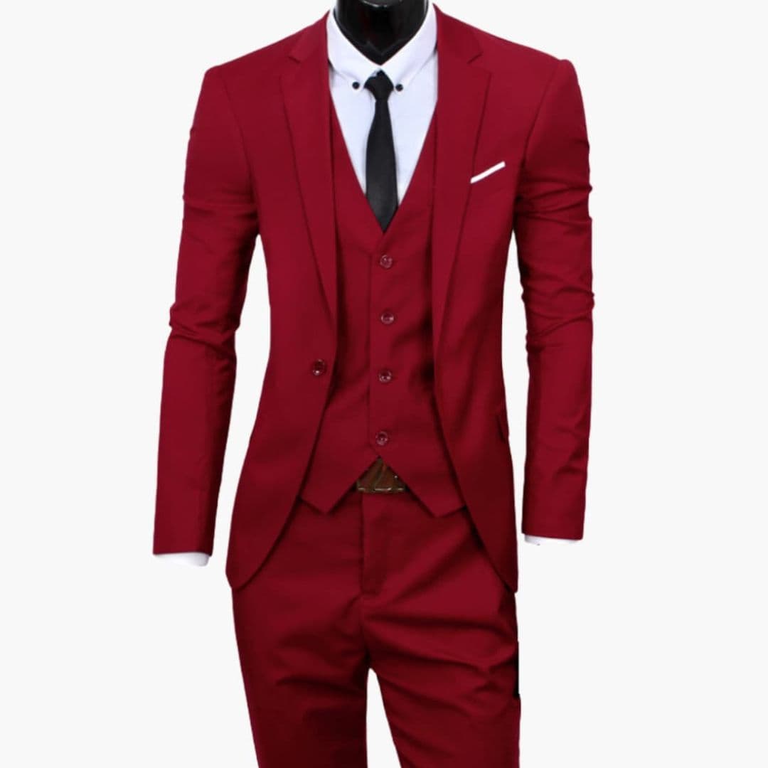 Men's slim fit three-piece suit notch lapel jacket buttoned vest straight pants formal wear