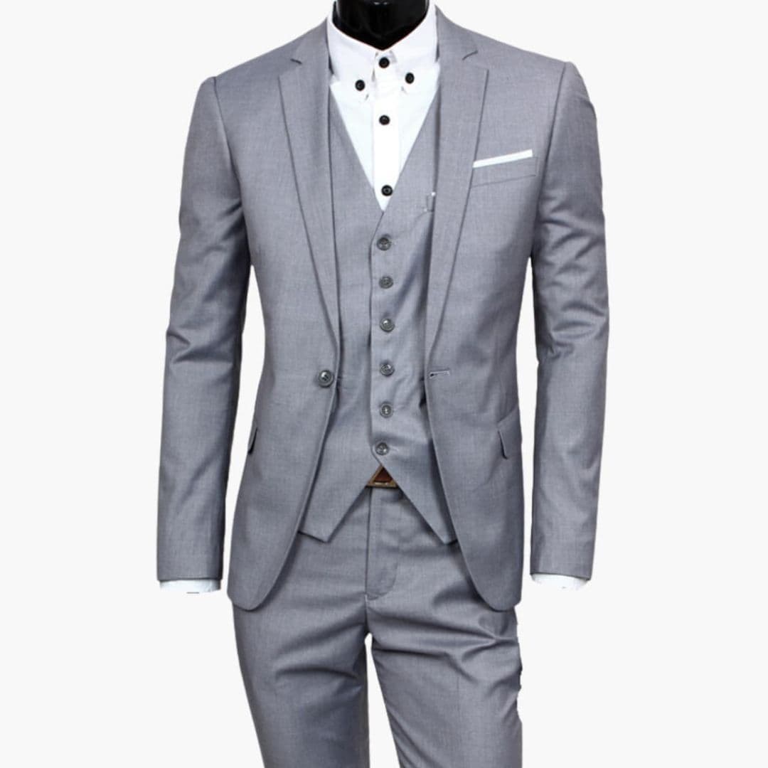 Men's slim fit three-piece suit notch lapel jacket buttoned vest straight pants formal navy blue