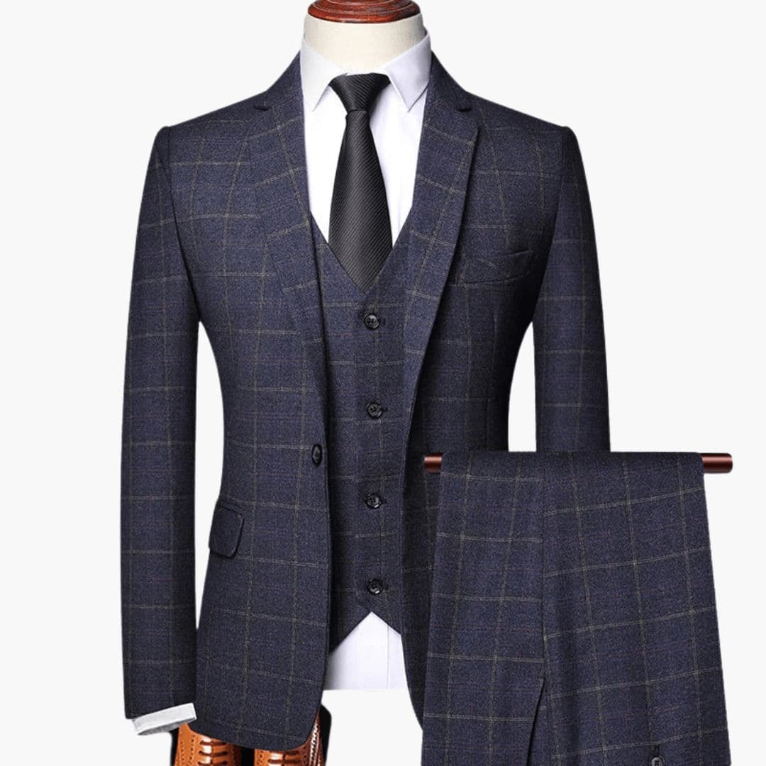 Men's three-piece plaid suit with buttoned vest, classic check pattern, elegant tailored fit