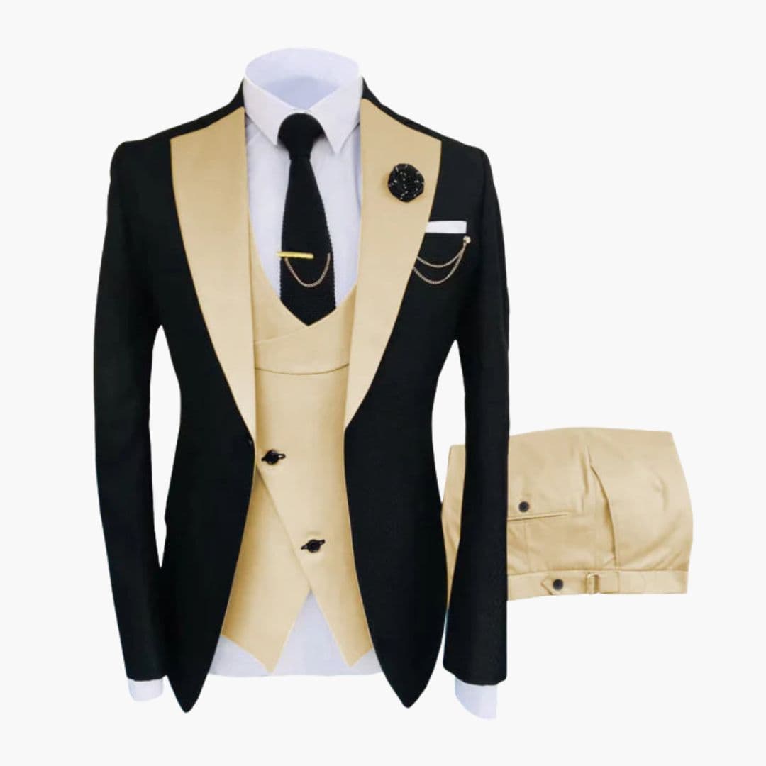 Men's black three-piece ceremonial suit contrasting collar buttoned vest straight pants chain accents