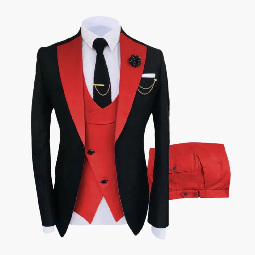 Men's black three-piece ceremonial suit with contrasting collar, buttoned vest, and gold chain accents