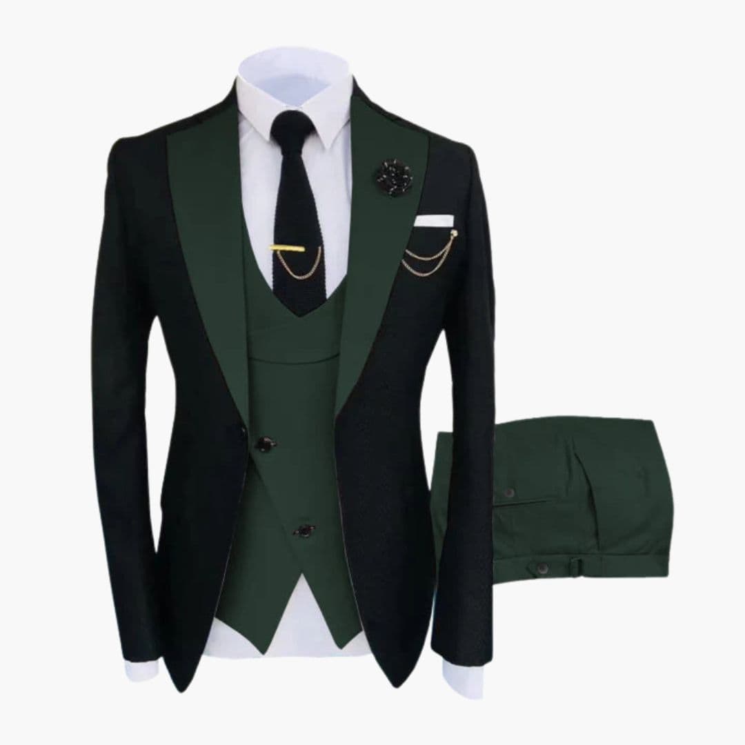 Men's black three-piece ceremonial suit with contrasting collar, buttoned vest, and gold chain accents