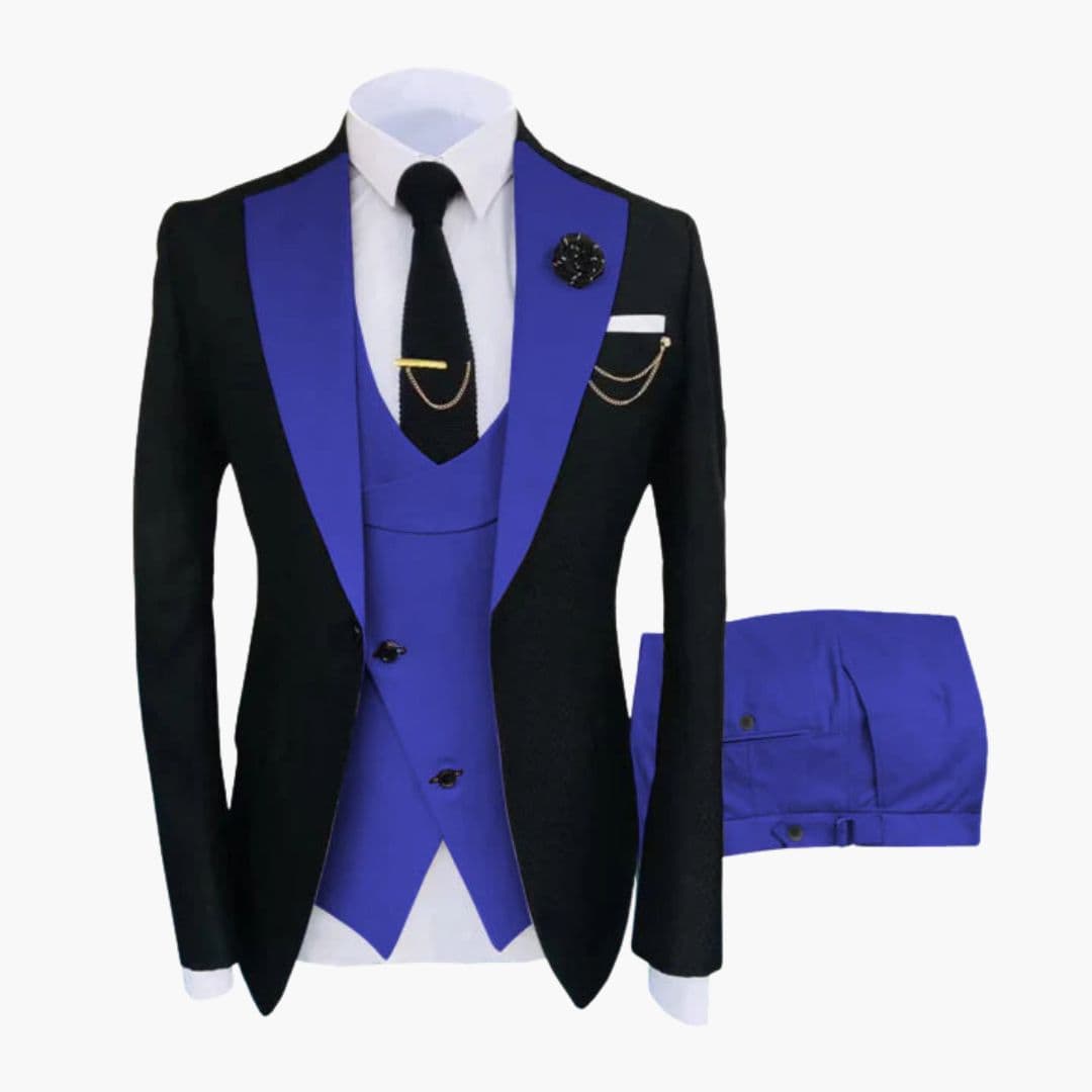 Men's black three-piece ceremonial suit with contrasting collar, buttoned vest, and gold chain accents