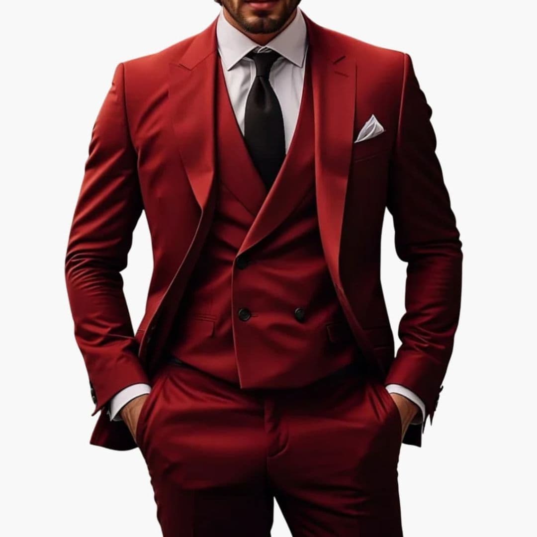 Men's navy three-piece suit pointed collar slim-fit jacket vest trousers premium worsted fabric formal