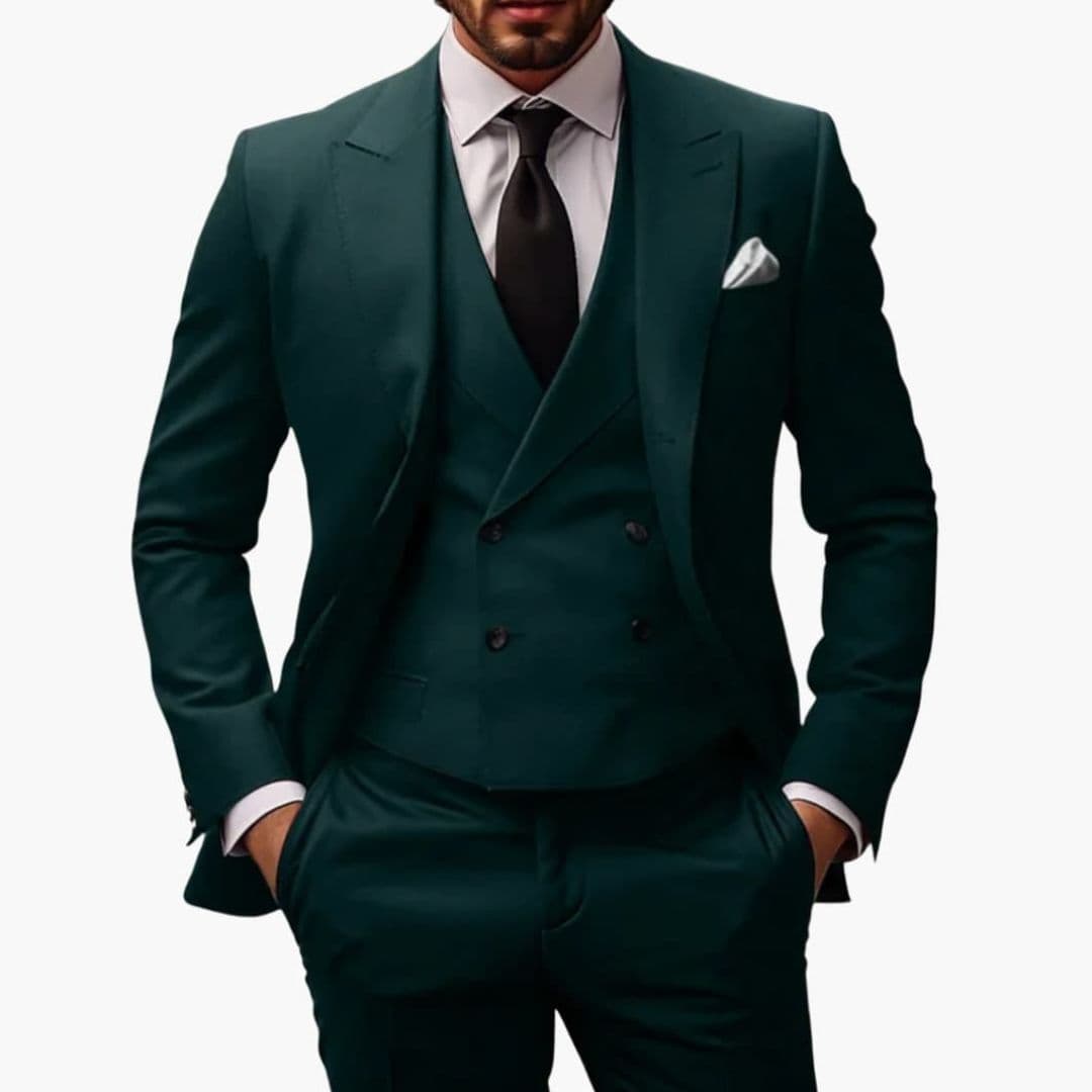 Men's charcoal three-piece suit pointed collar slim-fit jacket vest trousers premium worsted fabric