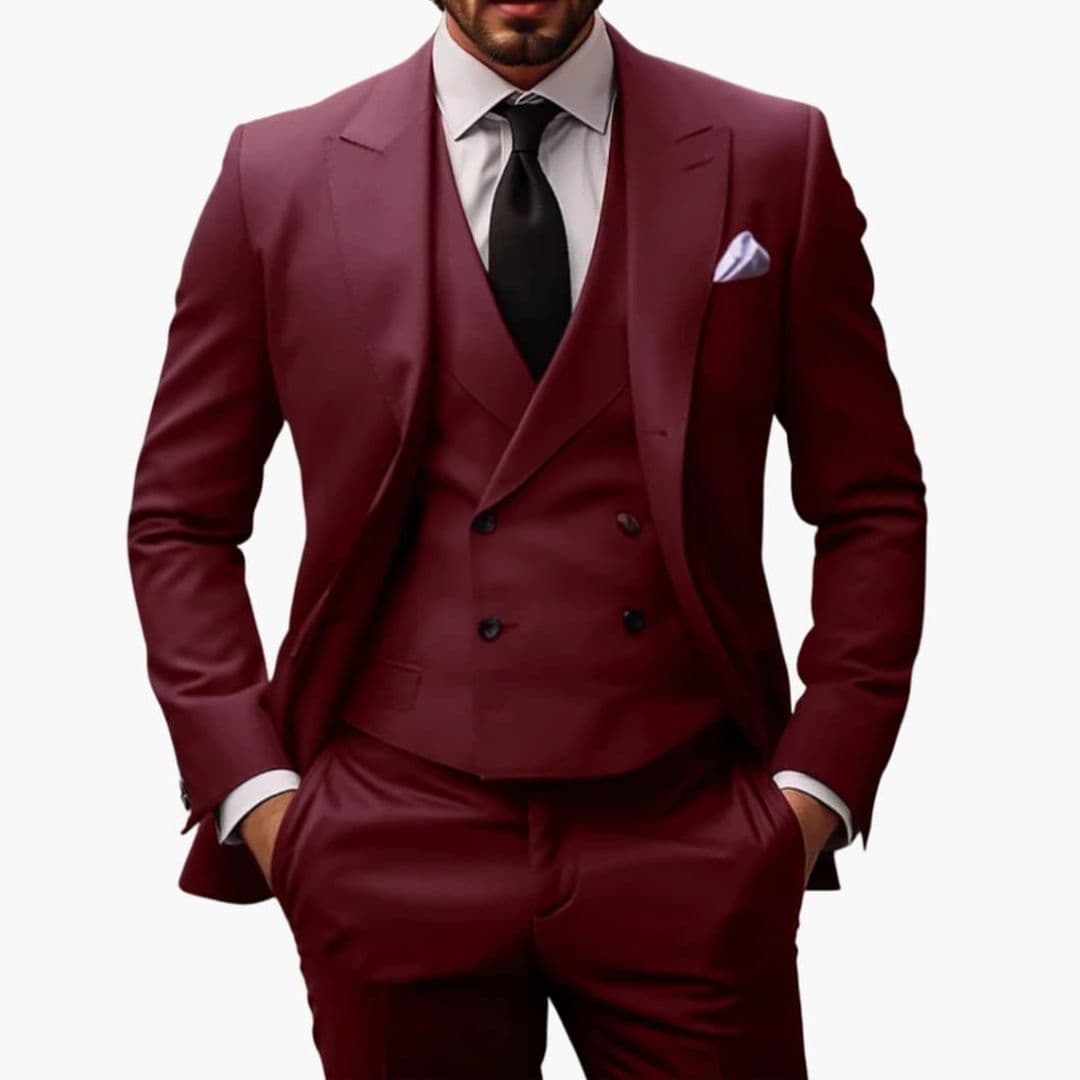 Men's navy three-piece suit pointed collar slim-fit jacket vest trousers premium worsted fabric formal