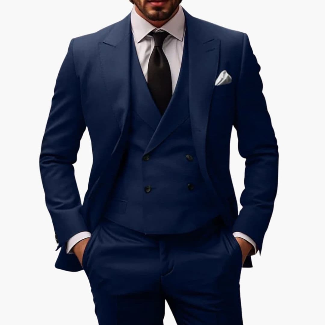 Men's navy three-piece suit pointed collar notch lapel jacket vest trousers premium worsted fabric