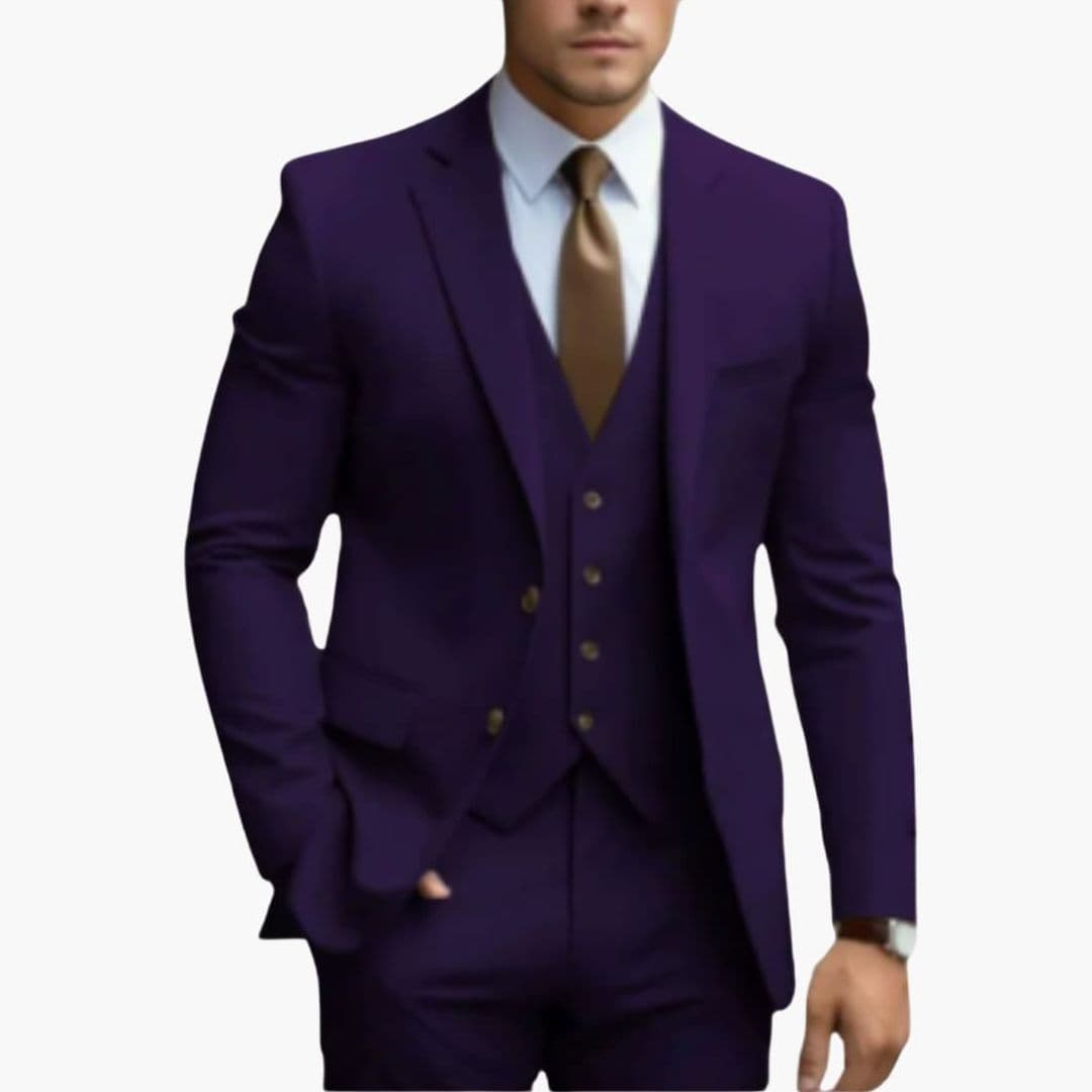 Men's slim fit three-piece navy suit notched lapel blazer vest pants professional executive style
