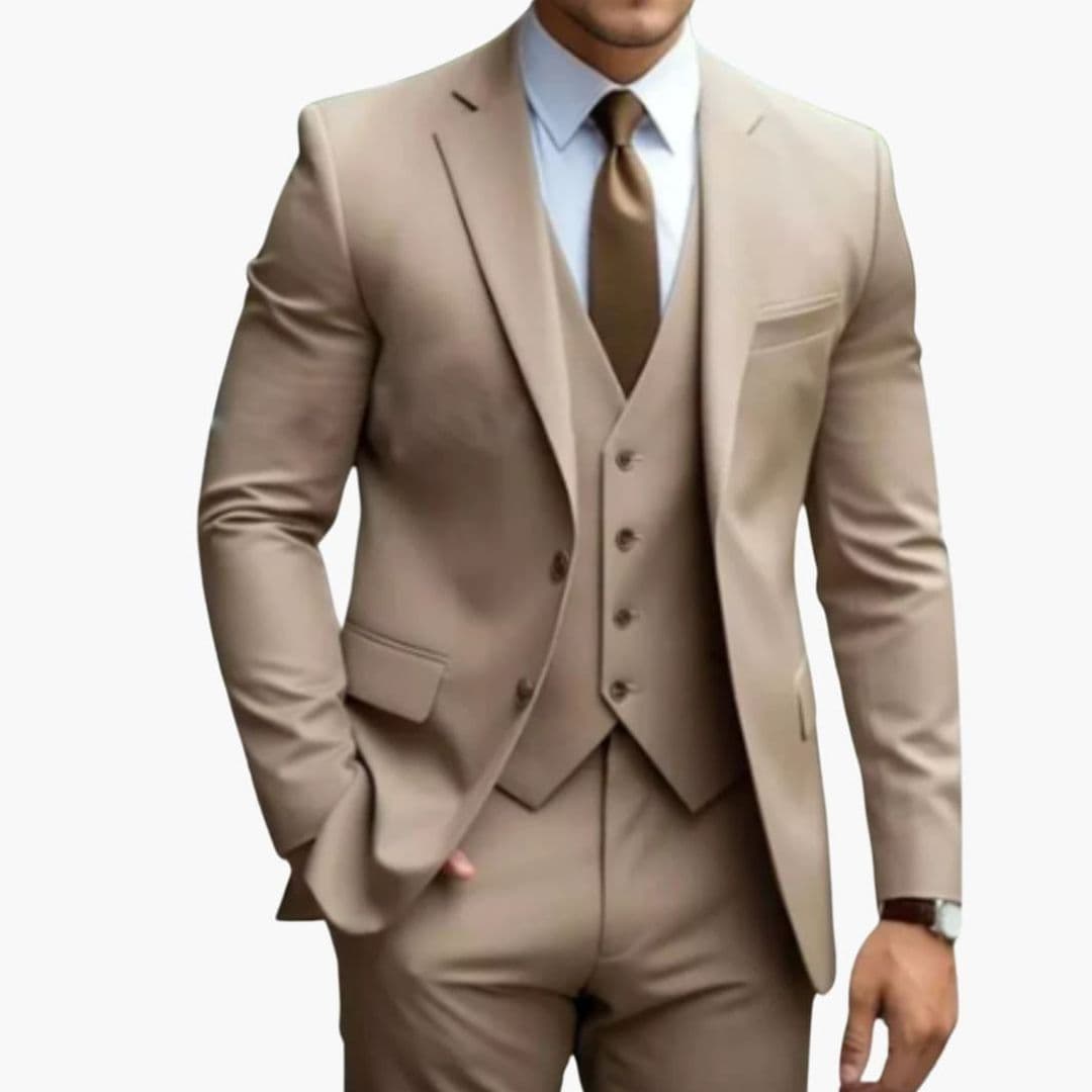 Men's slim fit three-piece navy suit notched lapel blazer vest pants professional executive style