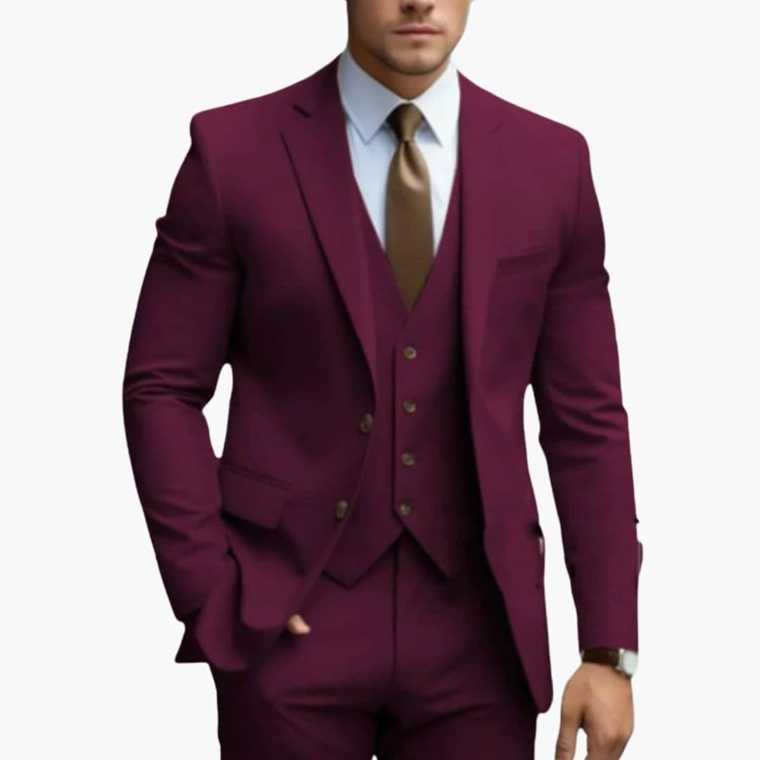 Men's navy slim fit three-piece suit with notched lapel blazer, vest, and tailored trousers