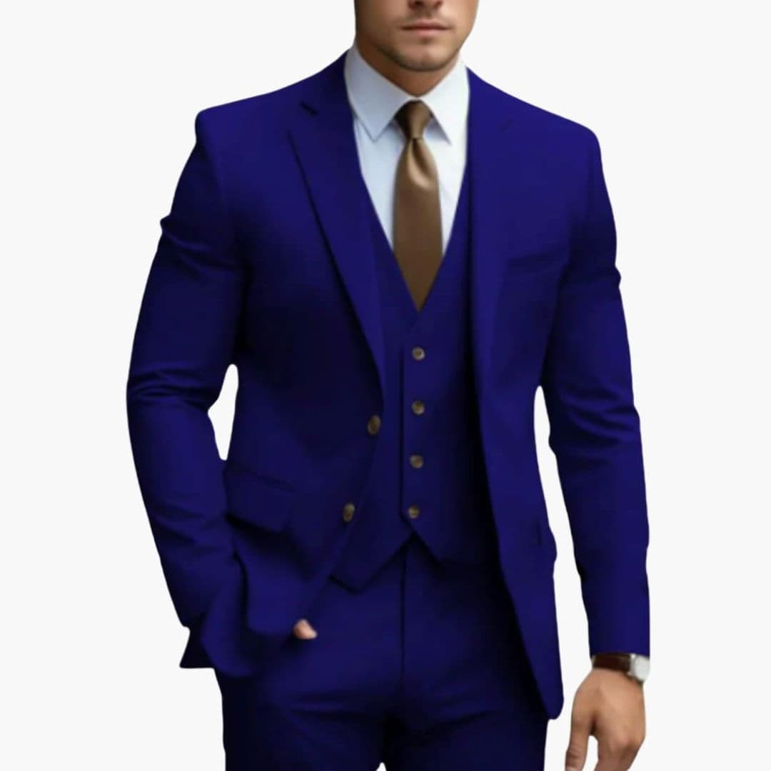Men's slim fit navy three-piece suit notched lapel blazer vest pants professional executive style