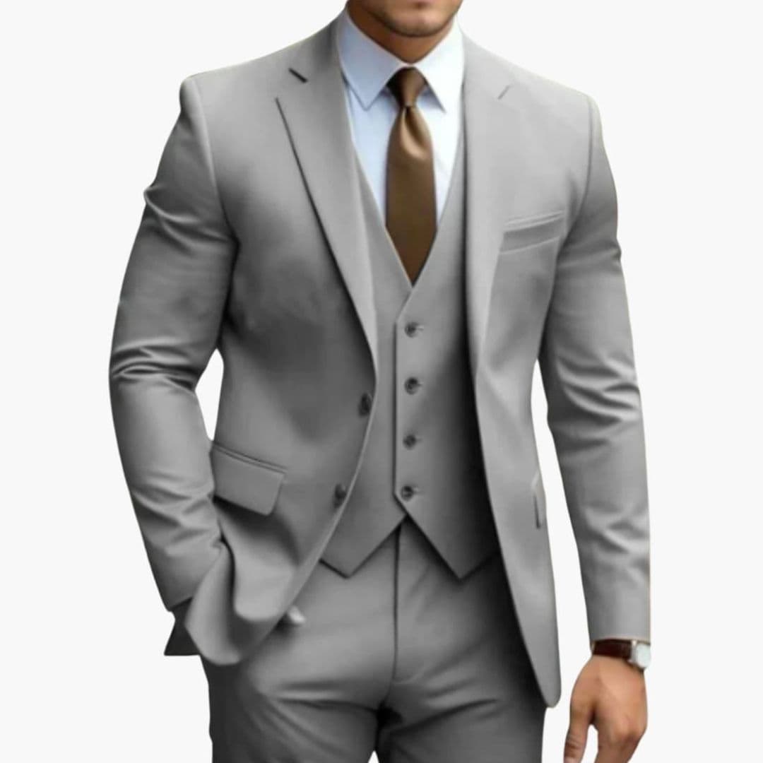 Men's slim fit three-piece navy suit notched lapel blazer vest pants professional executive style