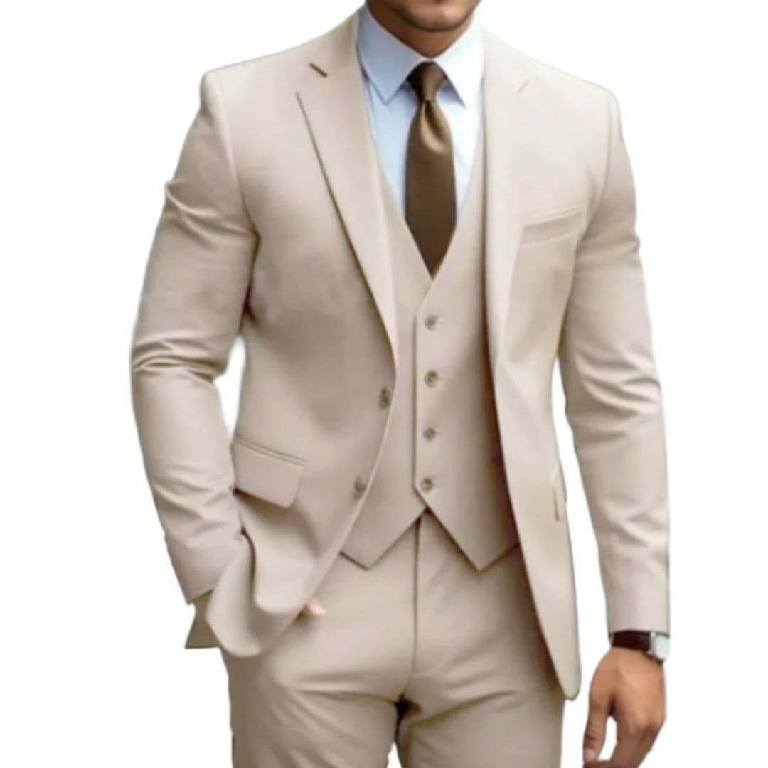 Men's slim fit three-piece suit navy notched lapel blazer vest pants professional executive style