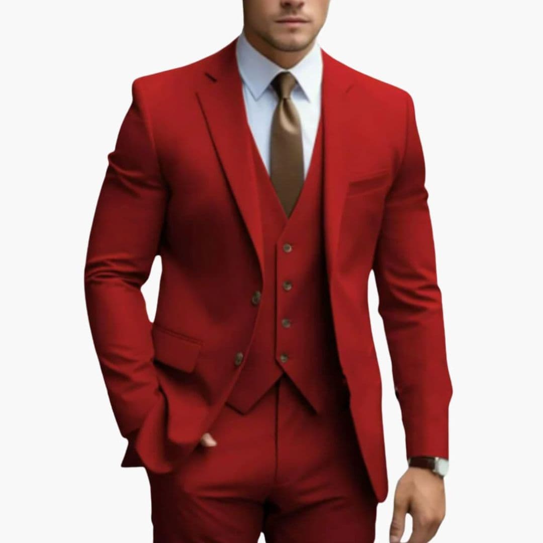 Men's slim fit three-piece navy suit notched lapel blazer vest pants professional executive style
