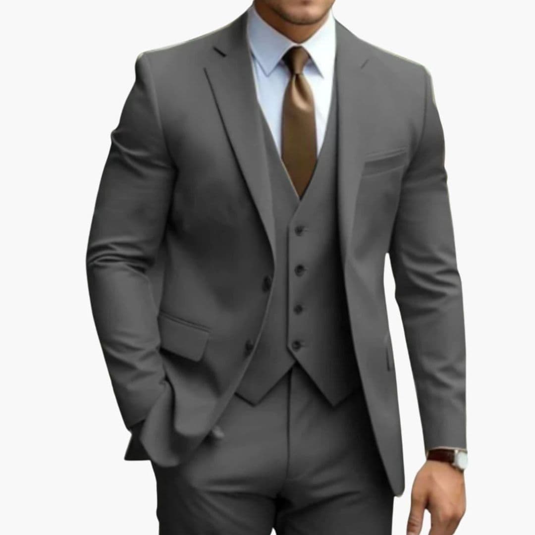 Men's charcoal slim fit three-piece suit with notched lapel blazer, vest, and tailored trousers